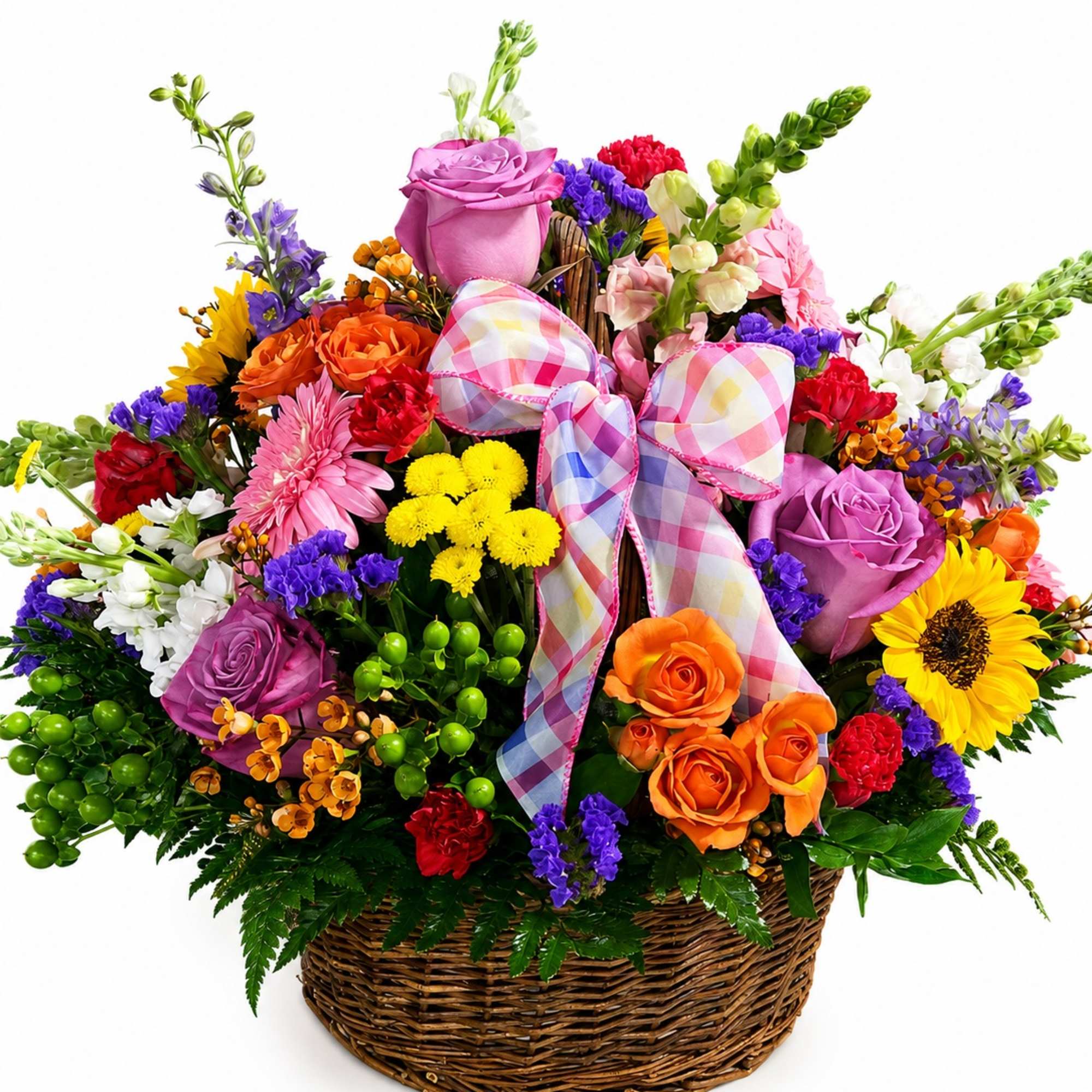 Colorful mixed flower basket with a plaid ribbon bow