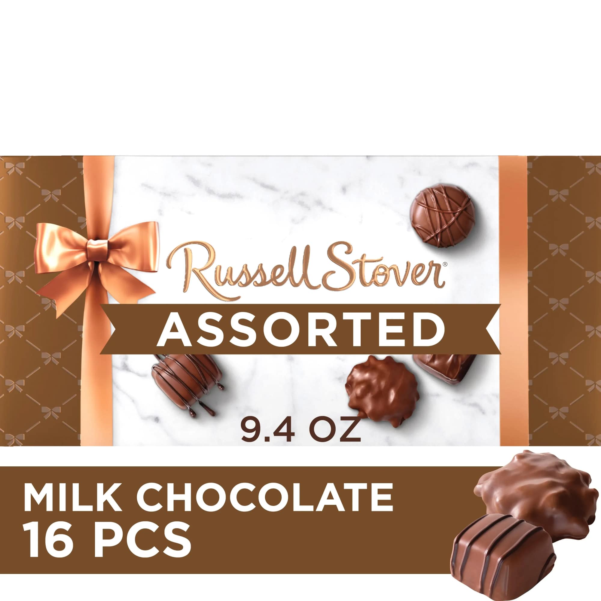 This 9.4-ounce assorted milk chocolate candy box contains a variety of pieces
