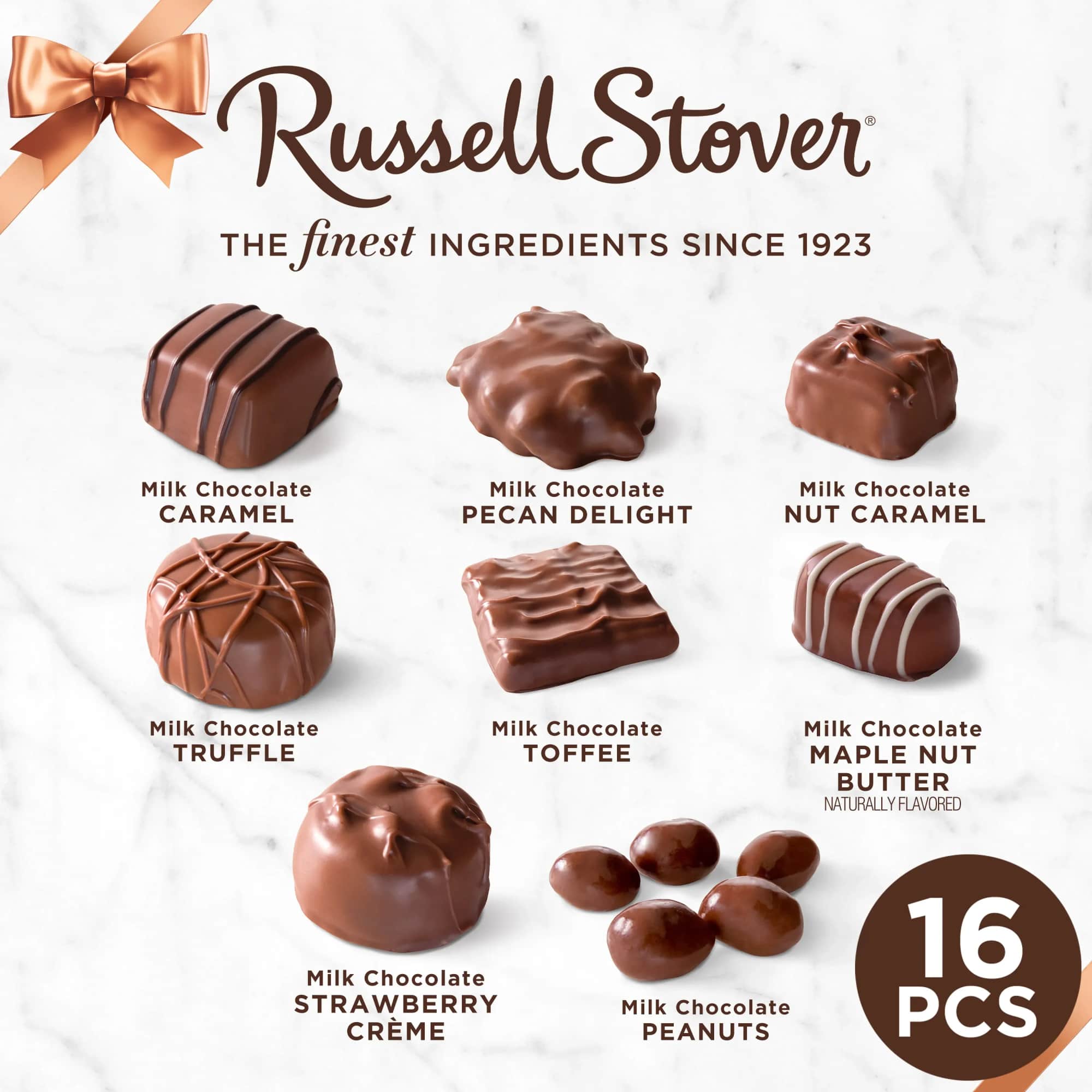 This 9.4-ounce assorted milk chocolate candy box contains a variety of pieces