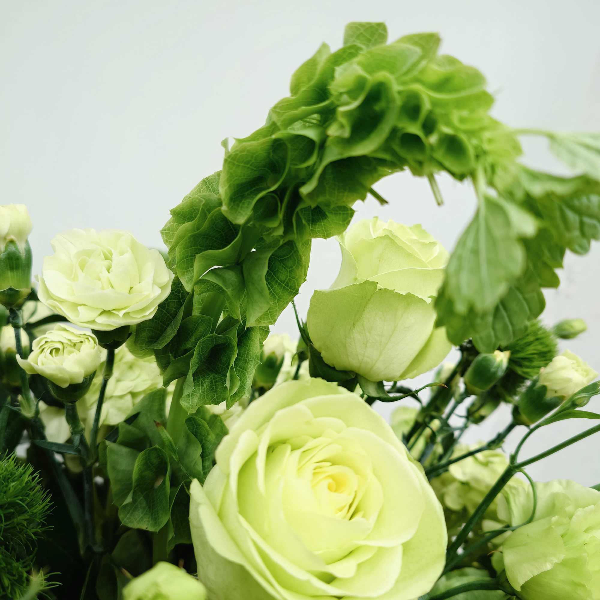 Lush, fresh, monochrome with premium blooms in shades of green.