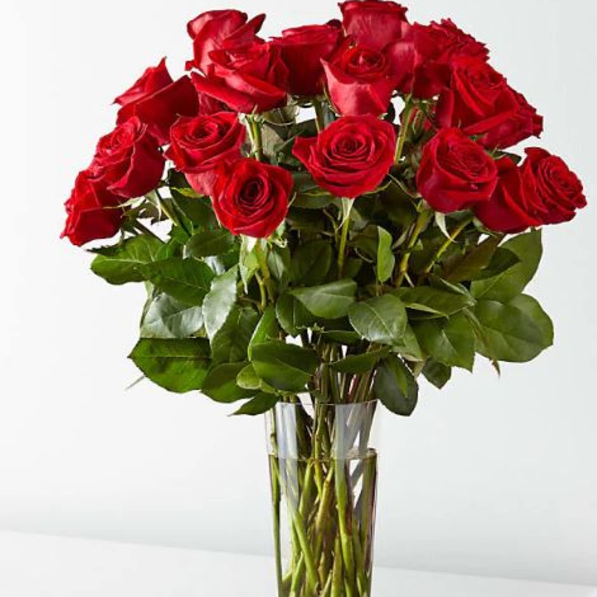 Red roses arranged in a clear glass vase