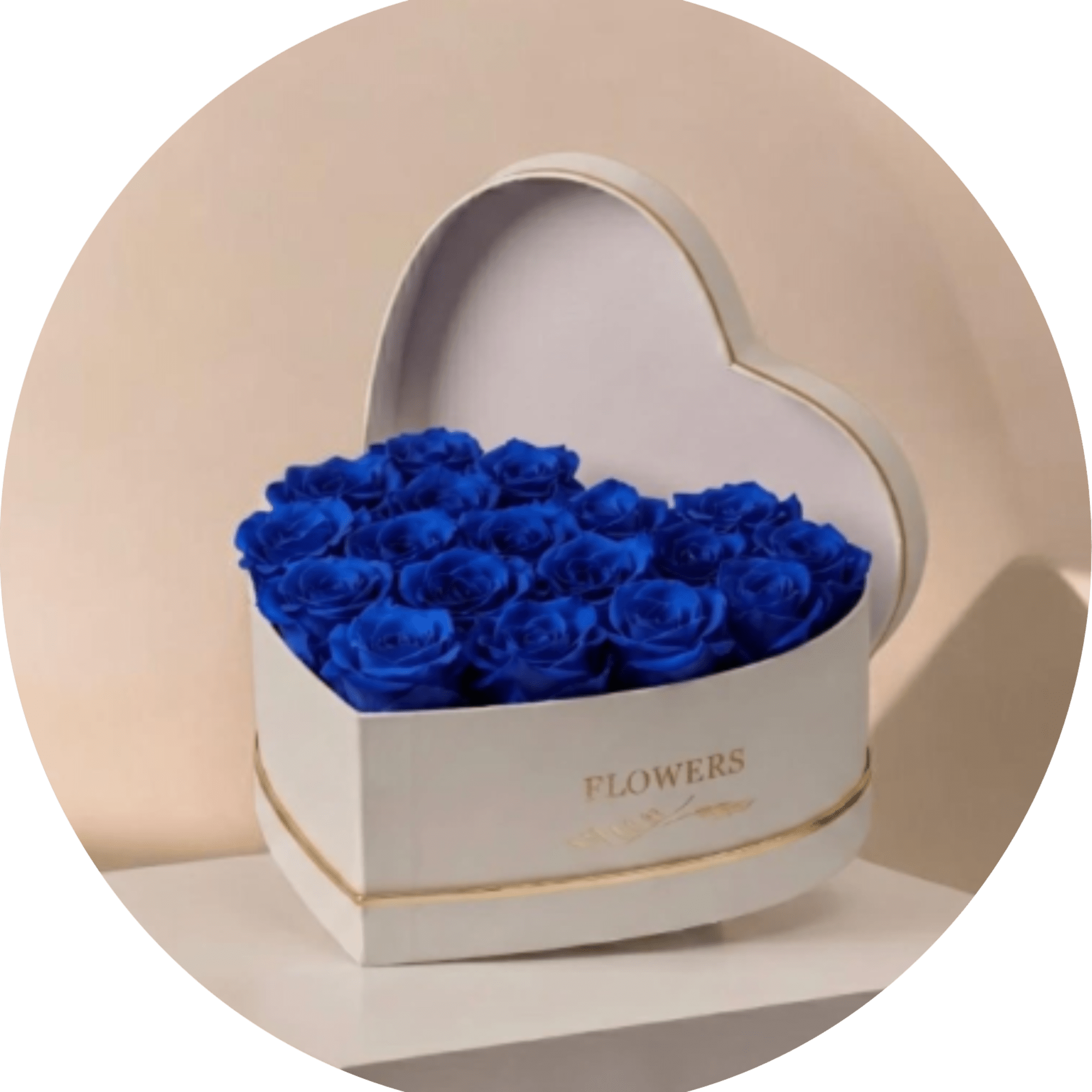 A striking heart-shaped box filled with densely packed vivid blue roses creates