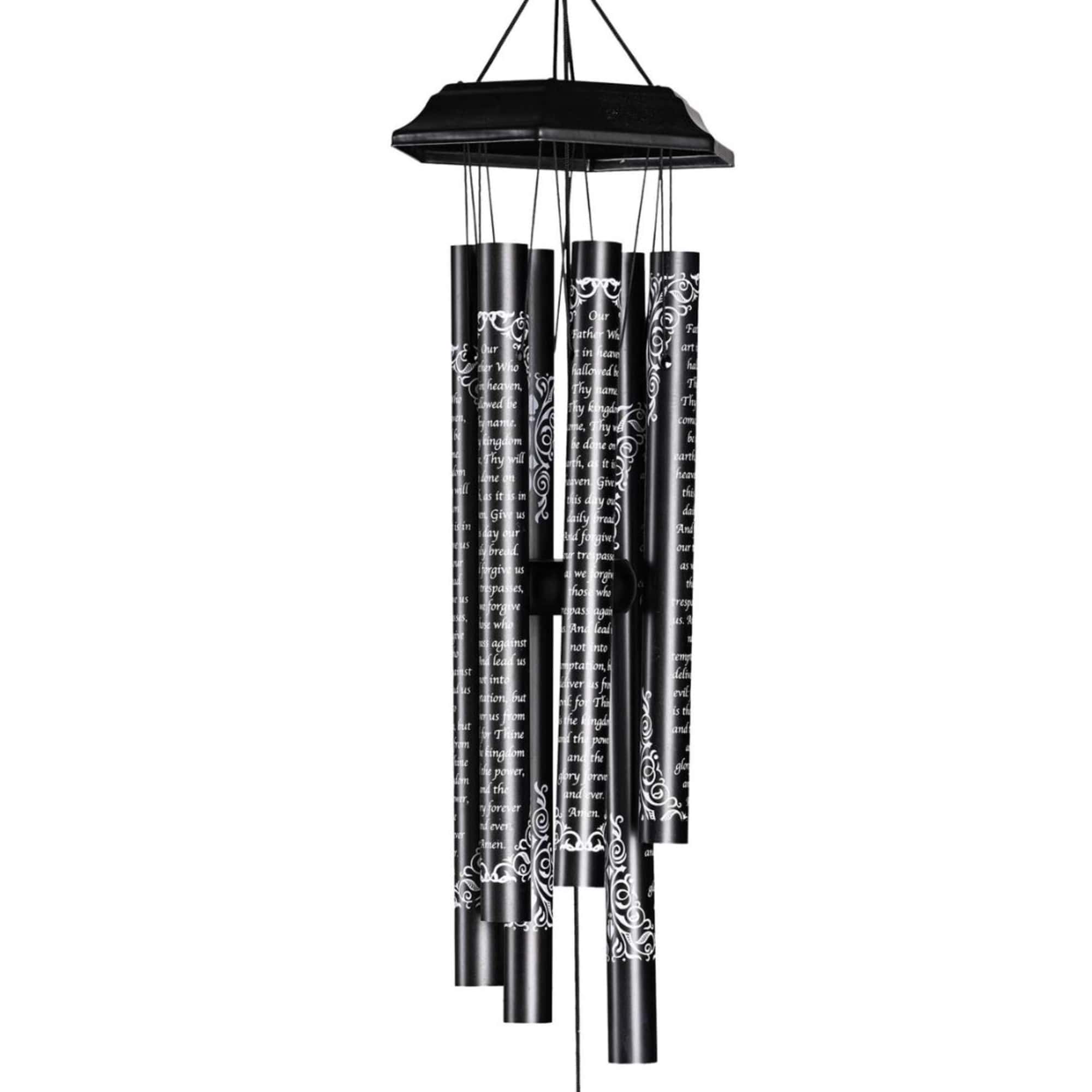 A 28-Inch Black Wind Chime, Crafted In A Hexagonal Design, Showcases The