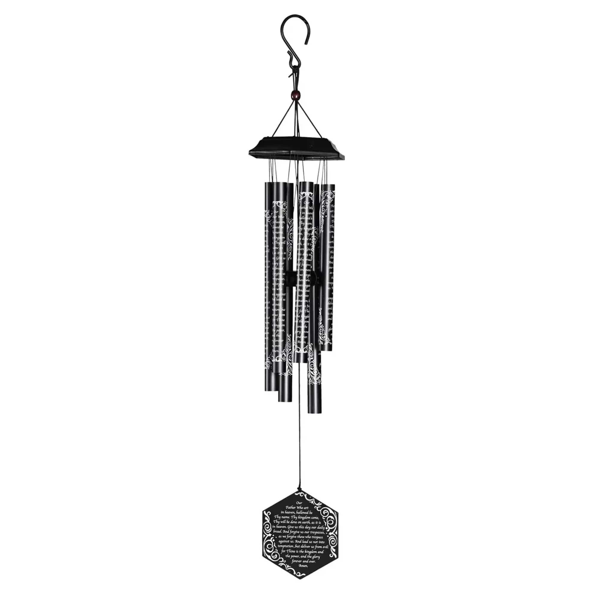A 28-Inch Black Wind Chime, Crafted In A Hexagonal Design, Showcases The