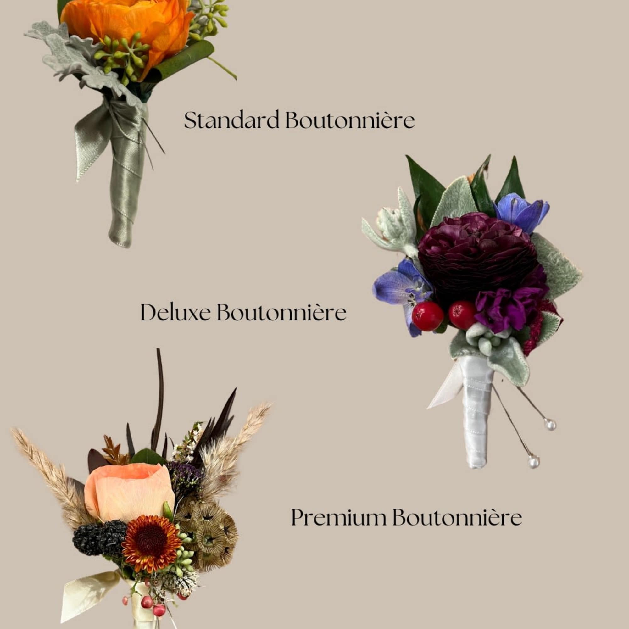 Three boutonnières with colorful flowers and ribbon wraps on a beige background