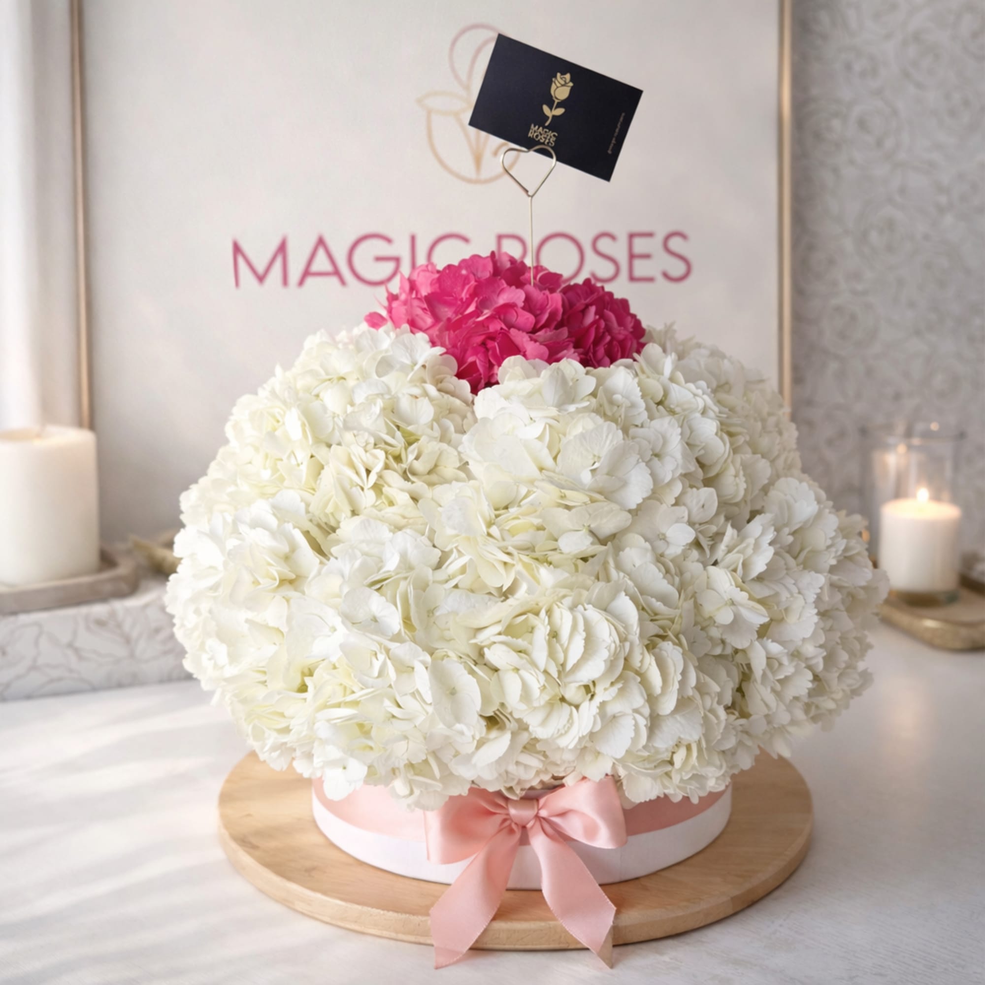 A luxurious arrangement of premium pink and white hydrangeas beautifully presented in