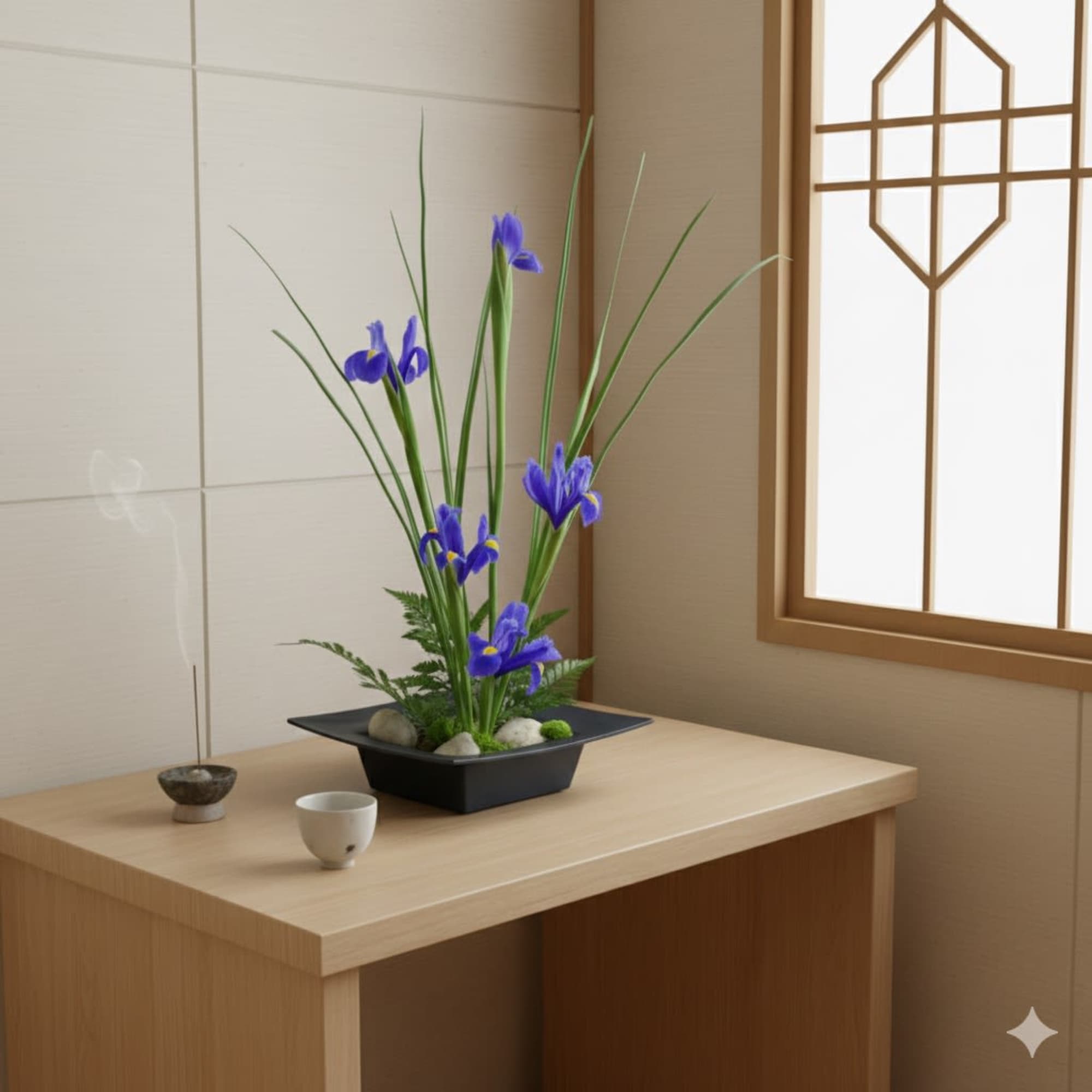 Blue iris arrangement in a black square bowl on a wooden table