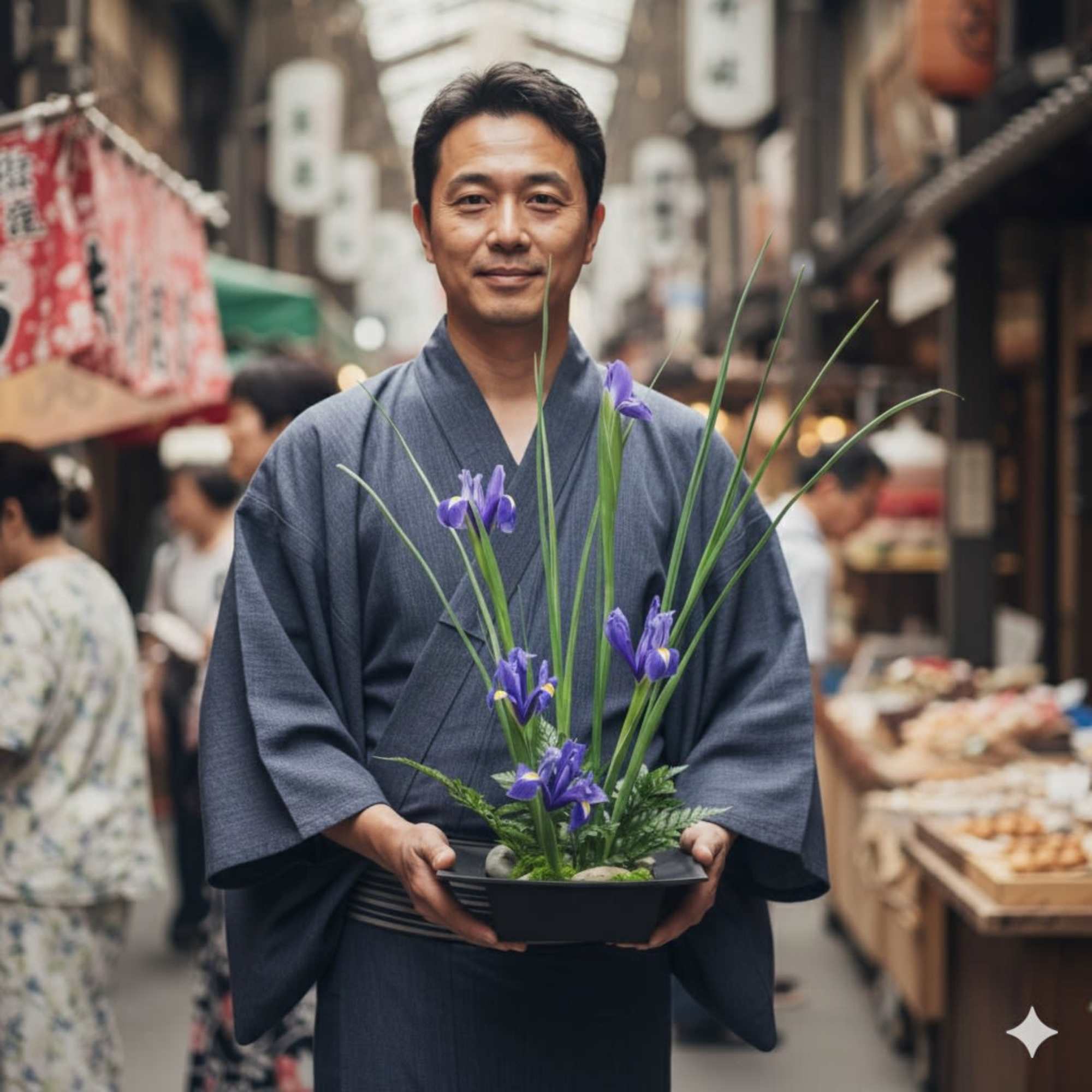 Man in a blue robe holding a shallow bowl with purple flowers