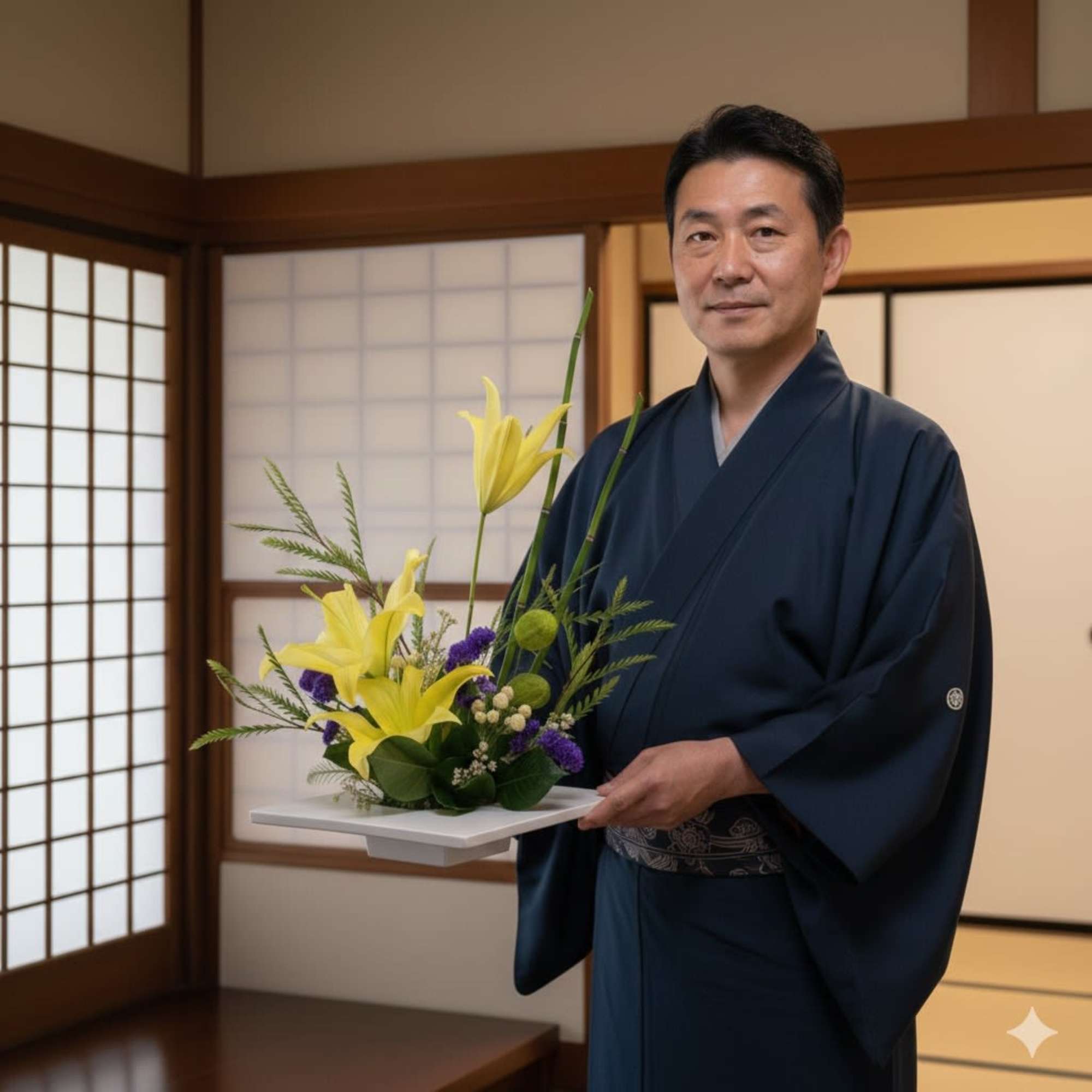 Man in a kimono holding a small floral arrangement on a tray