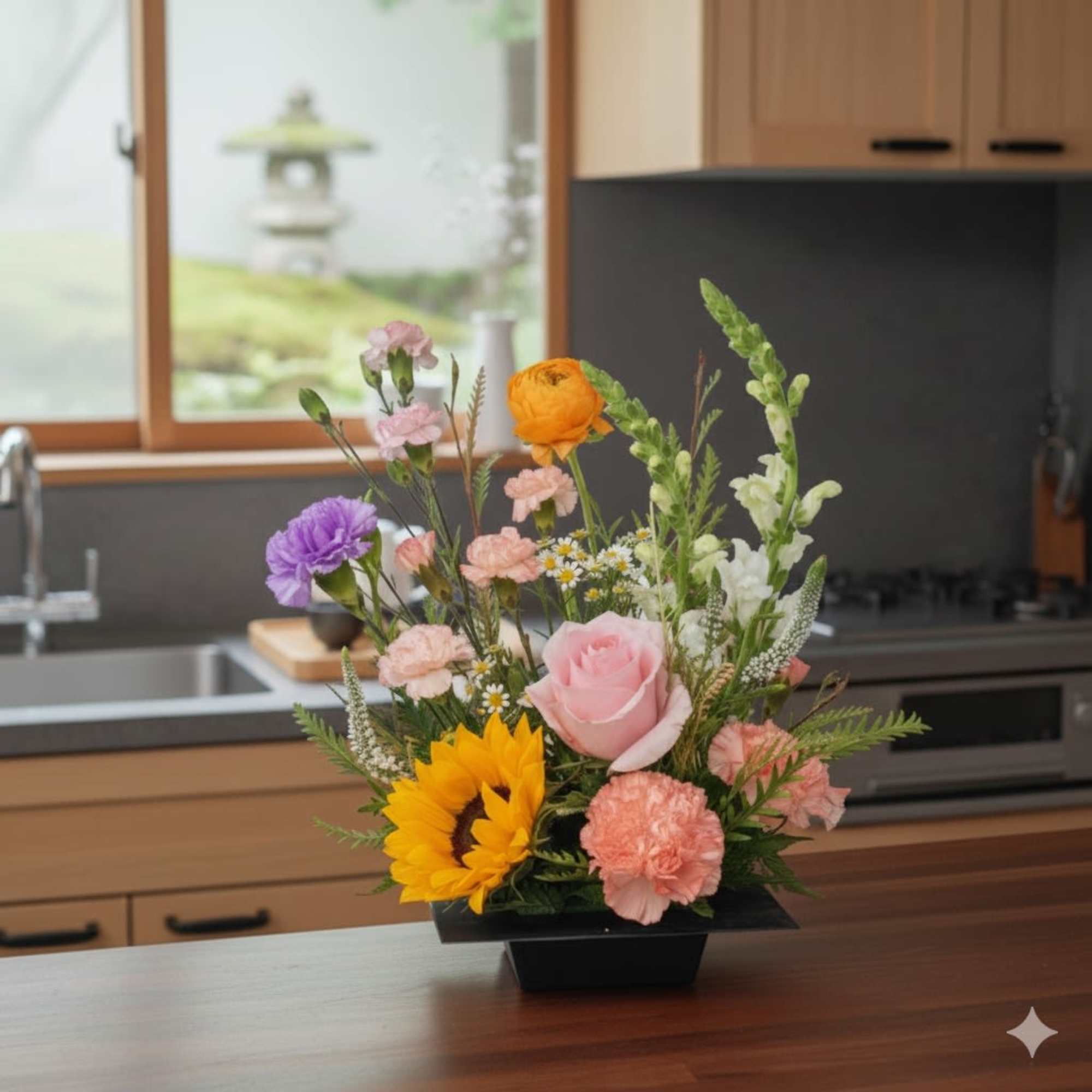 Mixed bouquet with a pink rose, sunflower, and carnations in a black vase