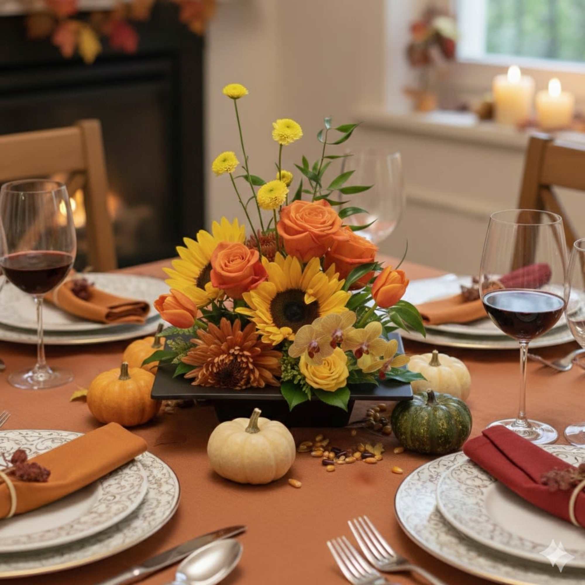 Autumn centerpiece with sunflowers, roses, and small pumpkins on a dining table