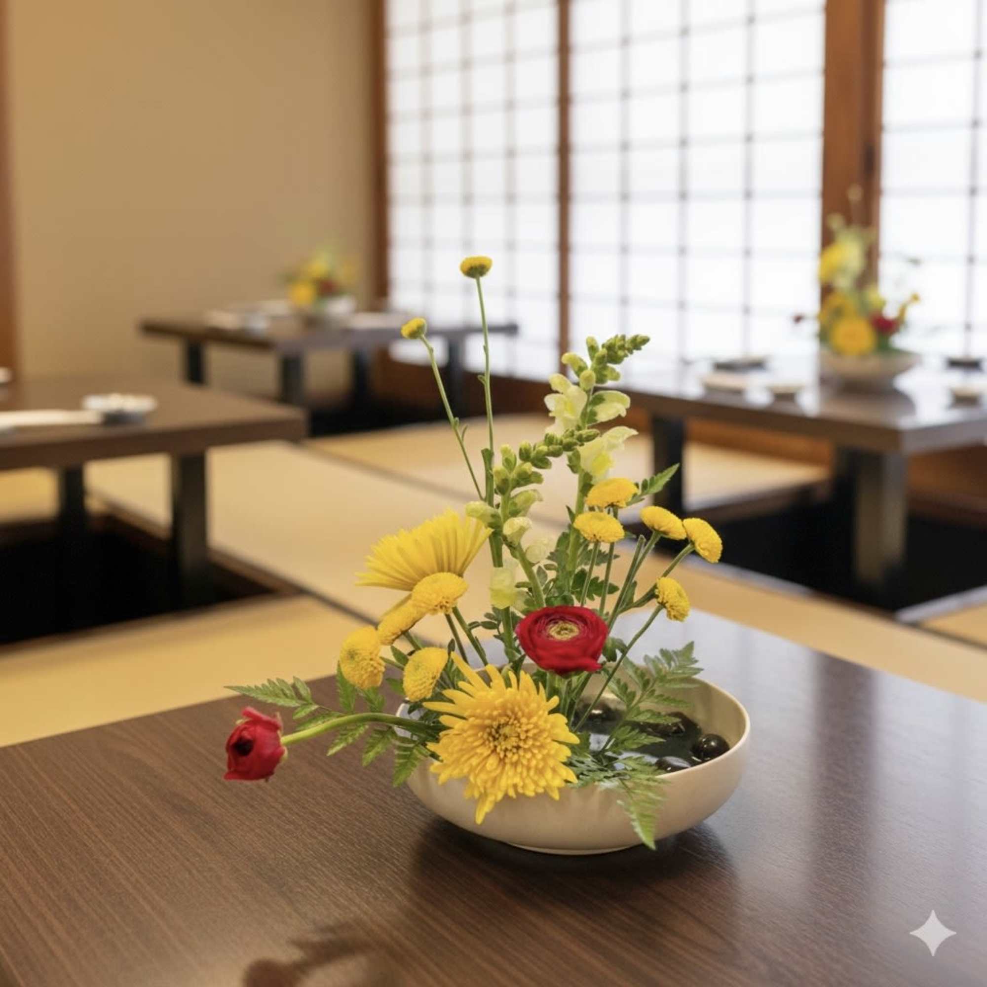 Small floral arrangement in a shallow bowl with yellow and red blooms