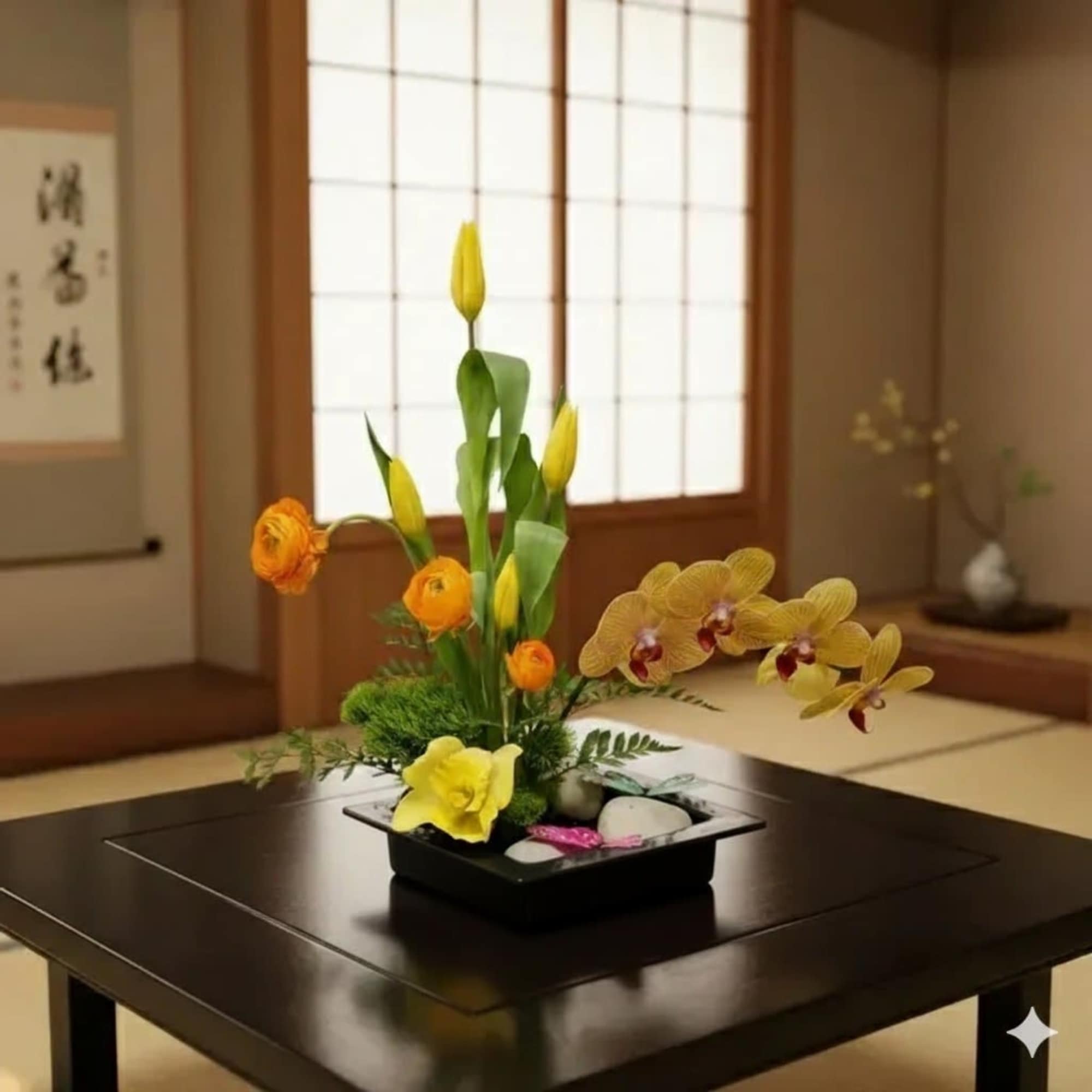 Ikebana-style floral arrangement with orchids and yellow blooms in a low black container