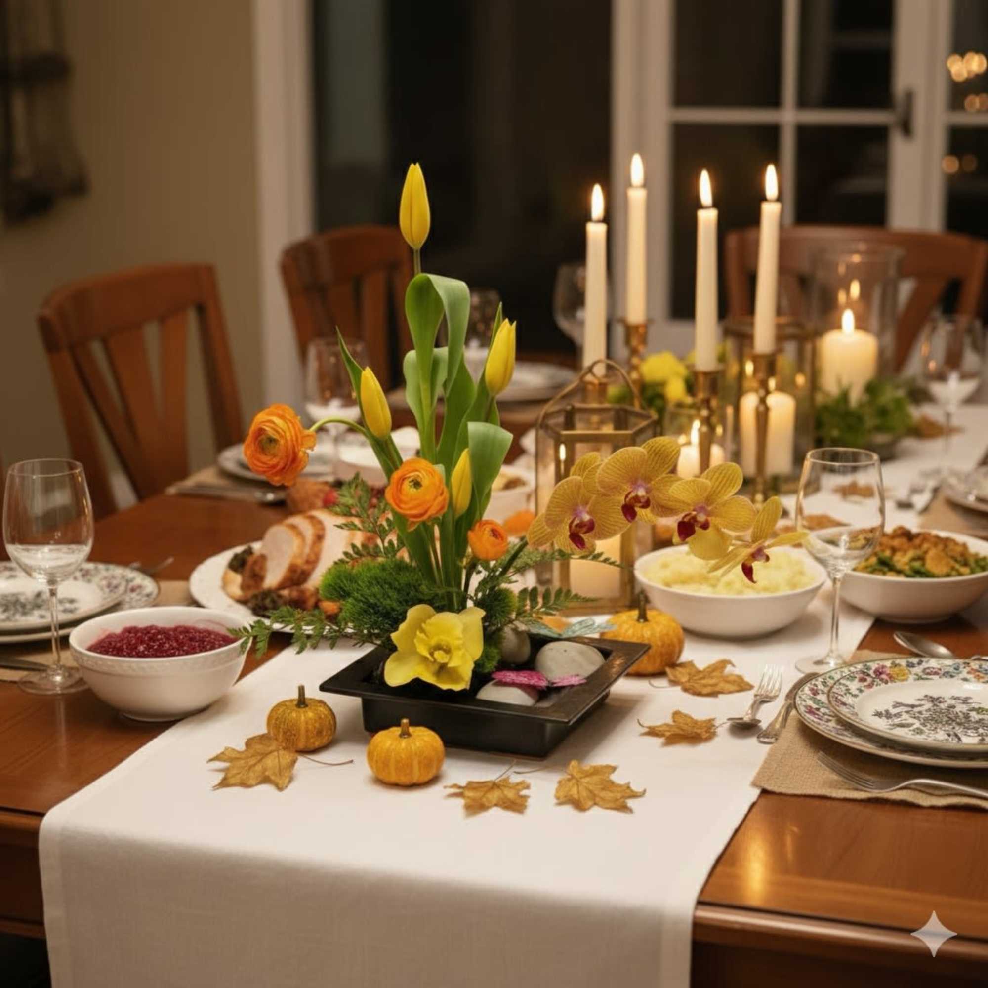 Table centerpiece with yellow tulips, orange ranunculus, and orchids on a dining table