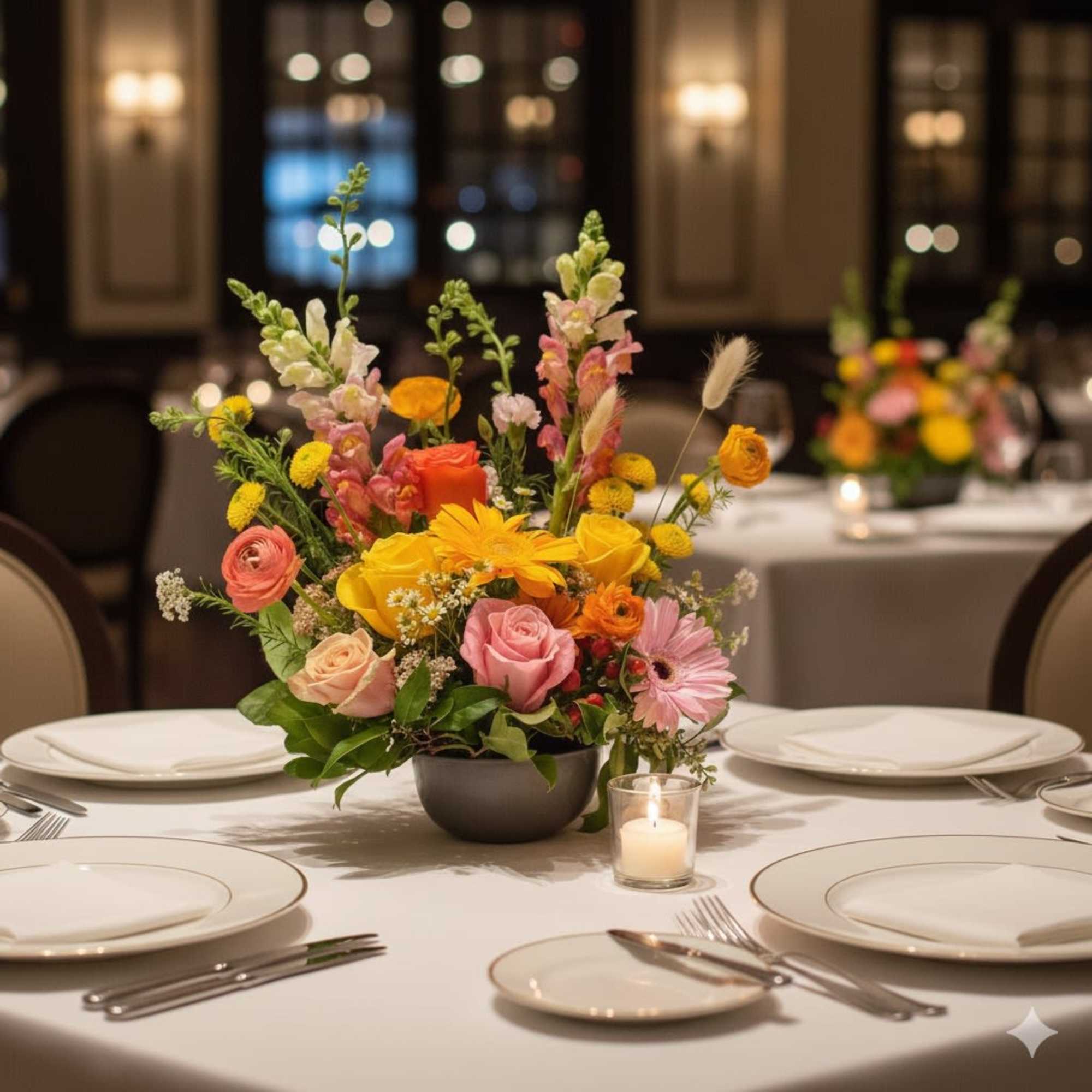 Colorful floral centerpiece in a low dark bowl on a set dining table