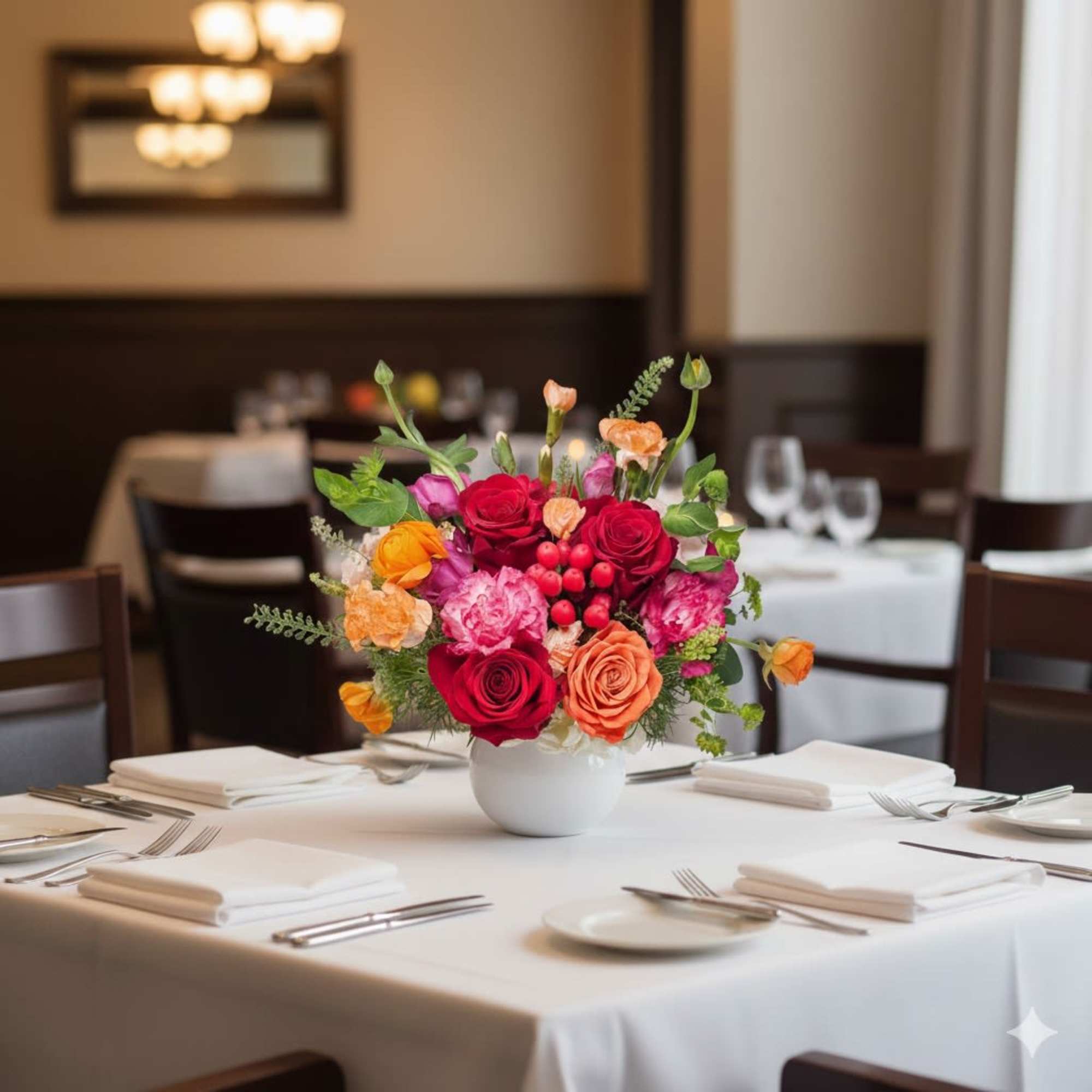 Colorful rose centerpiece in a white vase on a set dining table