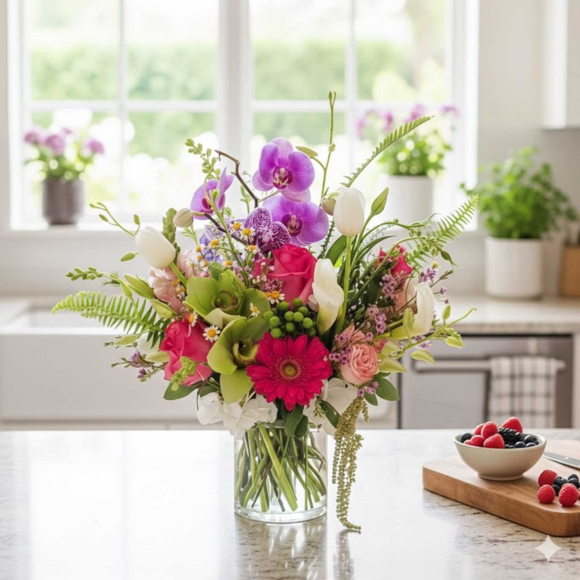 Mixed bouquet in a clear glass vase with purple orchids and pink flowers