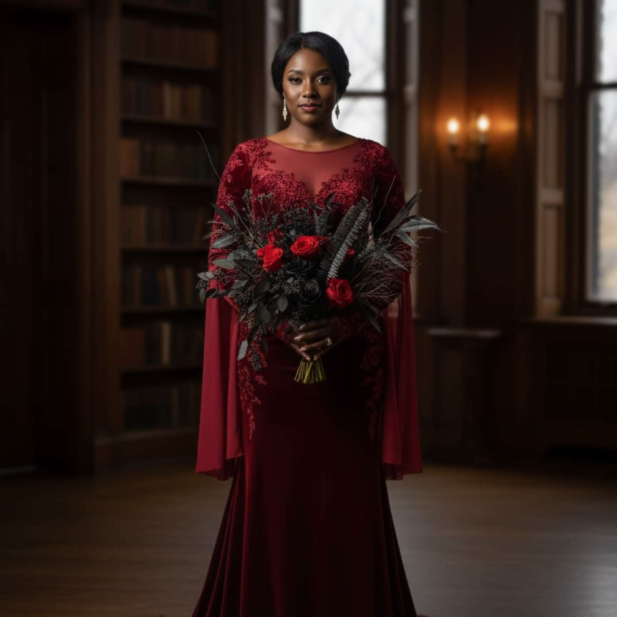 Woman in a burgundy gown holding a bouquet of red roses