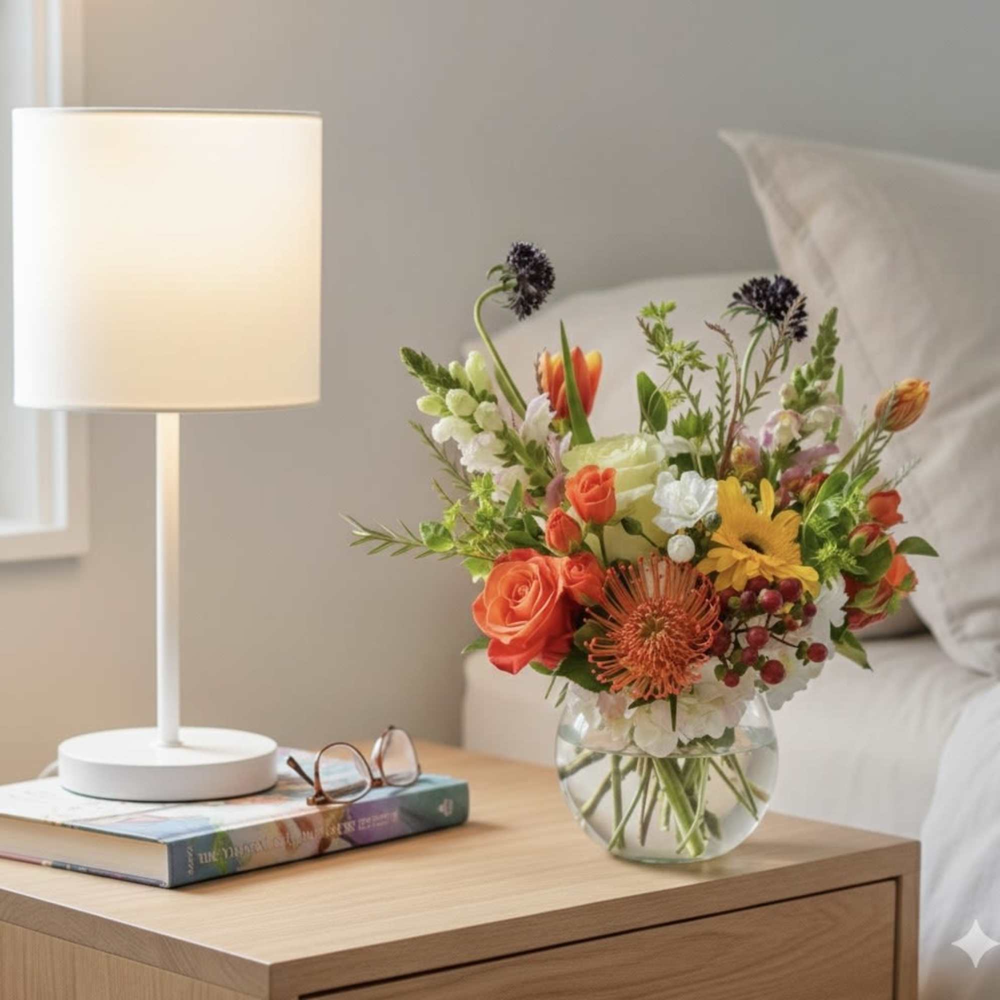 Mixed bouquet in a clear glass vase on a bedside table
