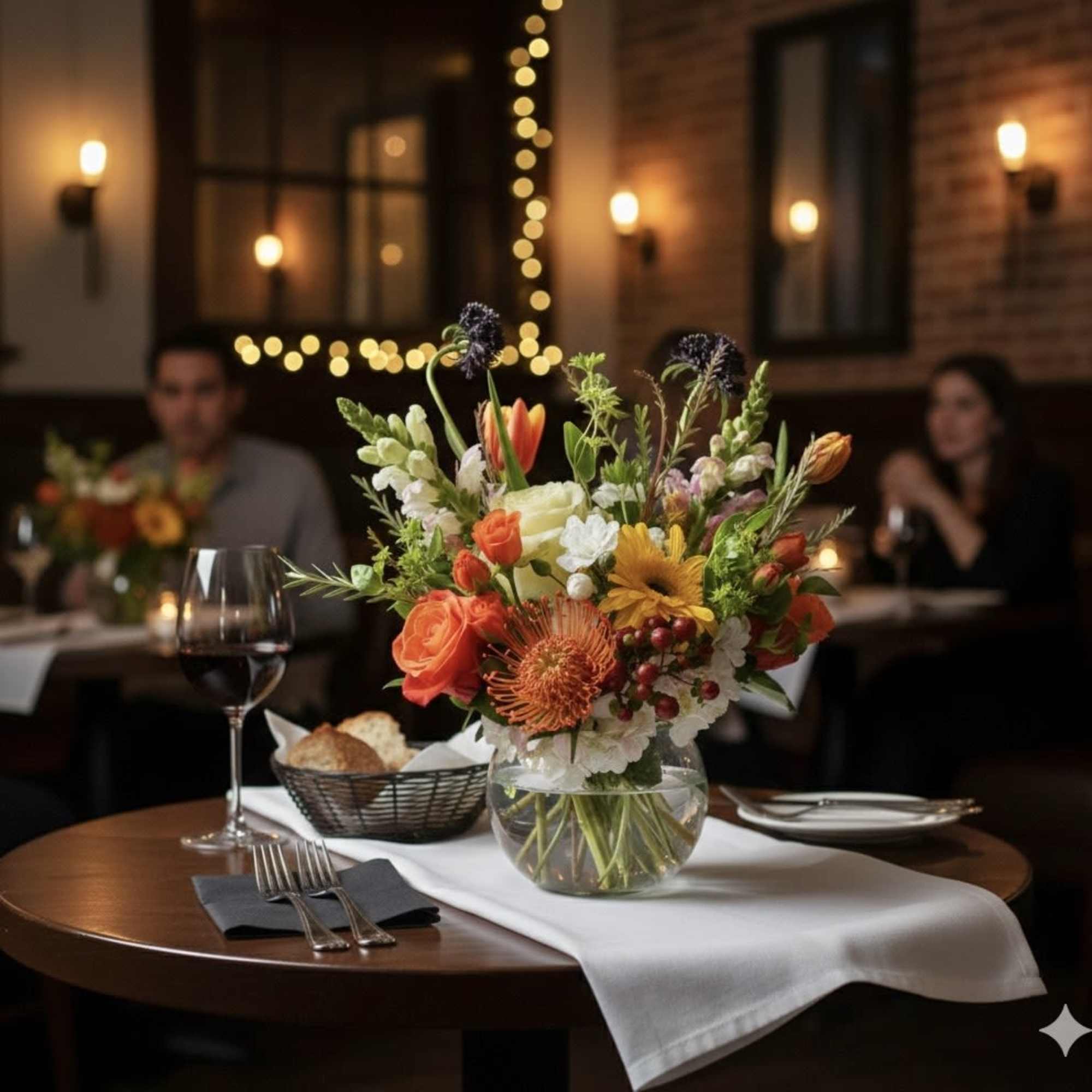 Mixed flower arrangement in a clear glass vase on a restaurant table