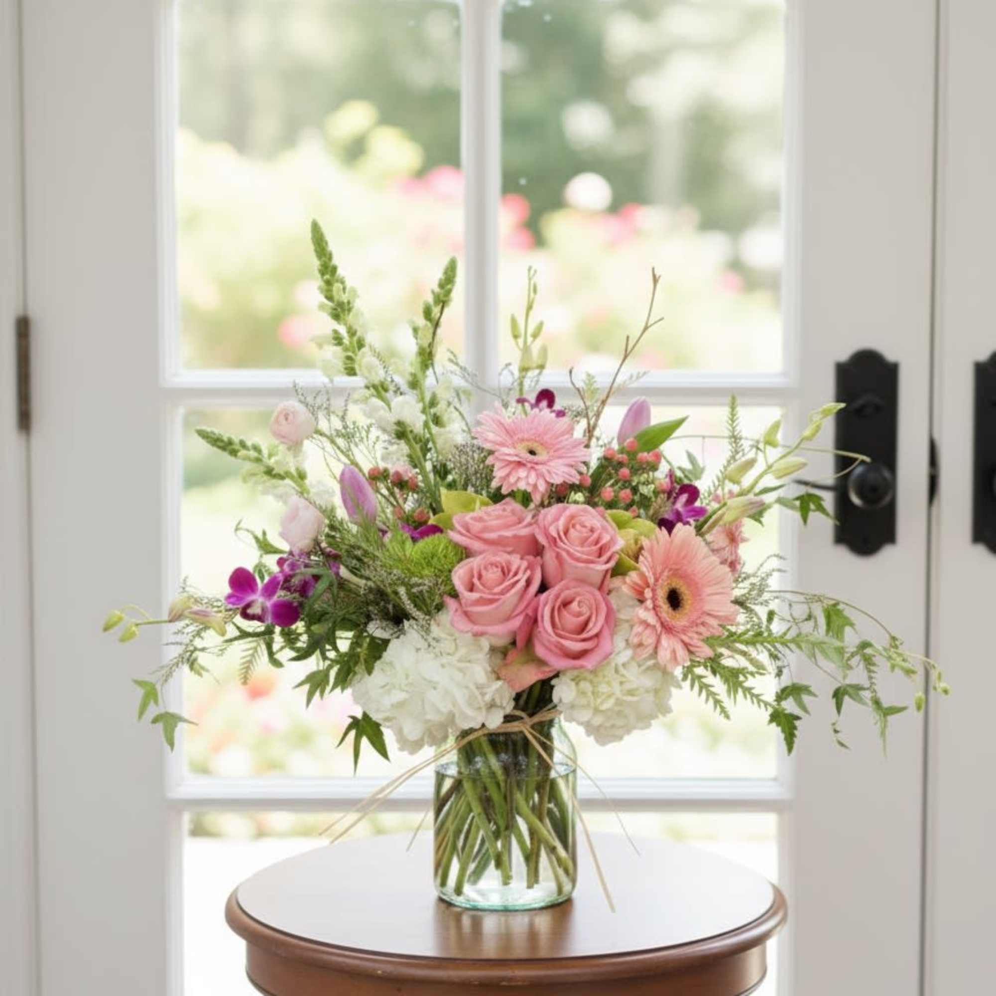 Pink roses and gerbera daisies in a glass vase on a small table