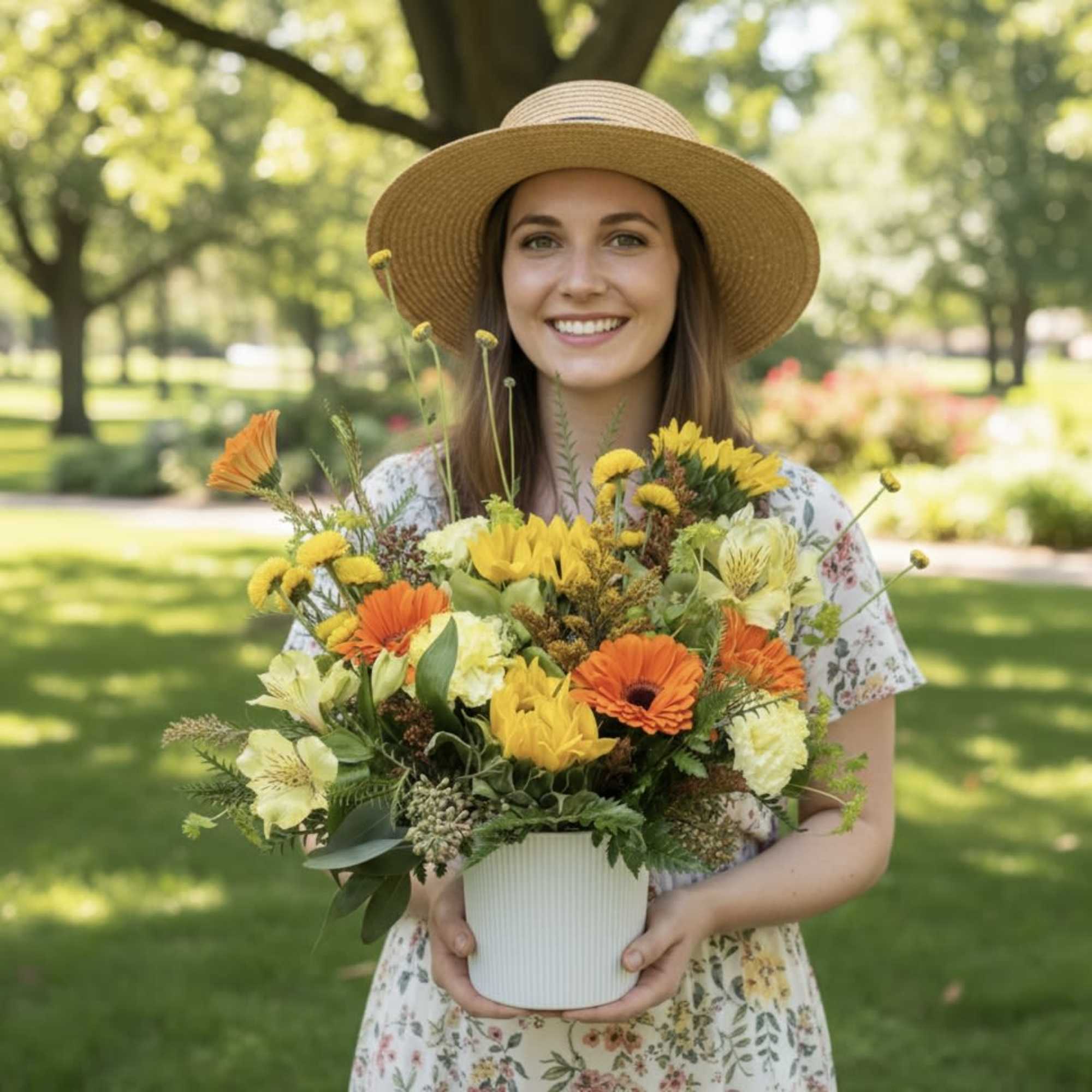 Woman holding a white pot of yellow and orange flowers