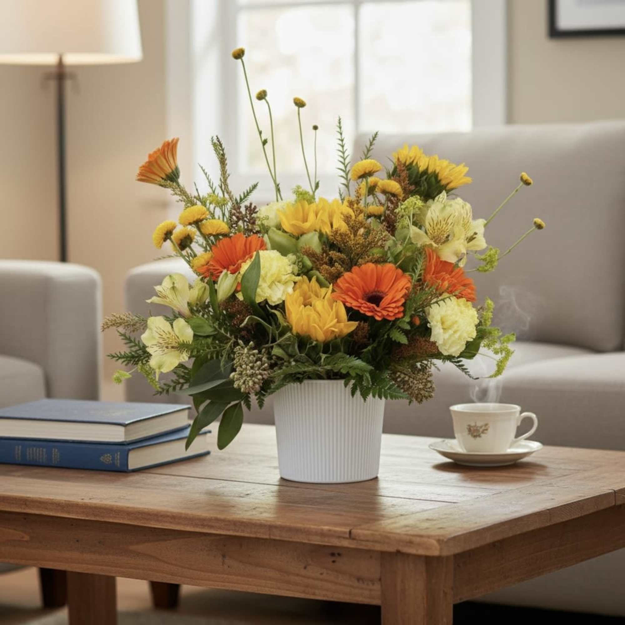 Yellow and orange mixed flower arrangement in a white pot on a coffee table
