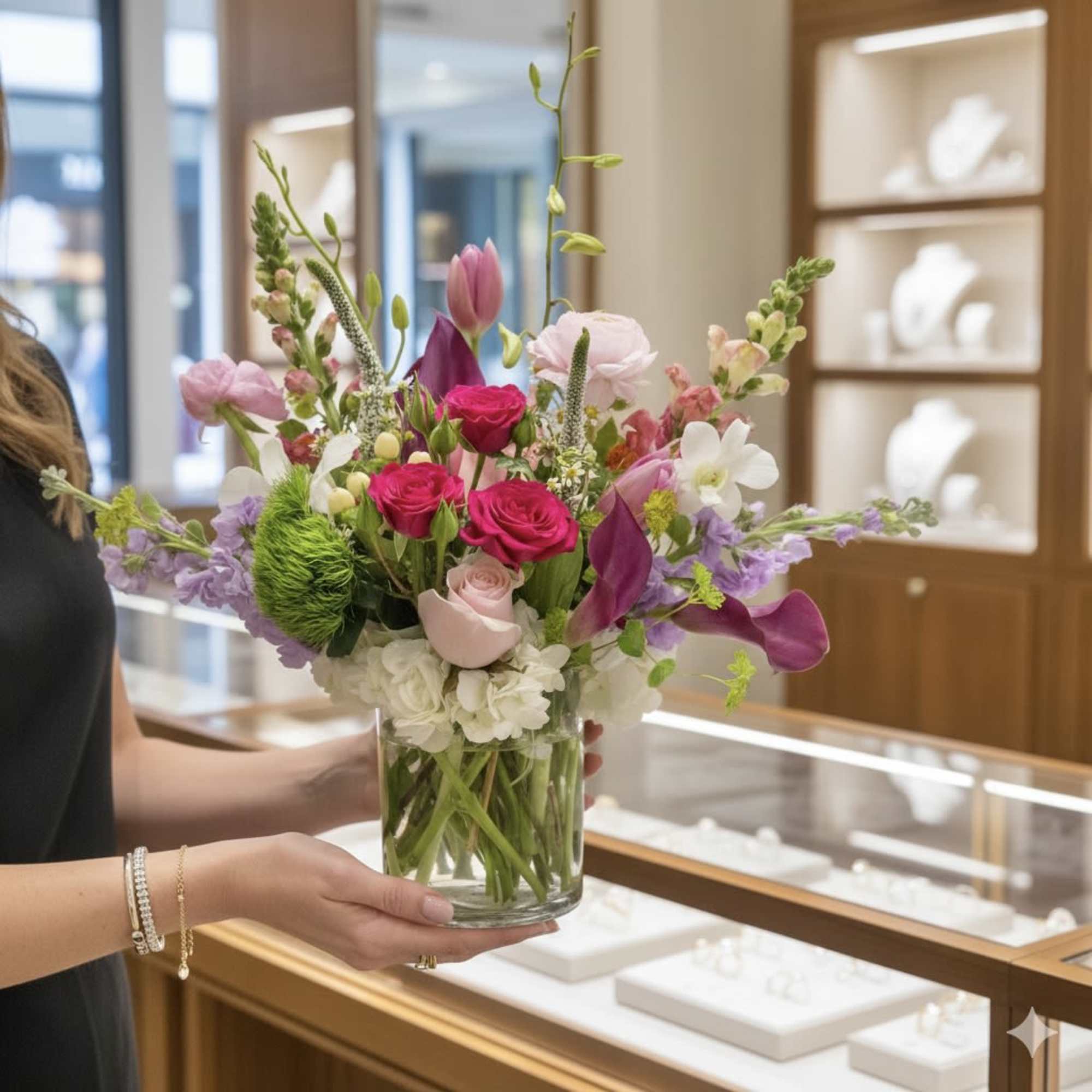 Mixed pink and purple floral arrangement in a clear glass vase