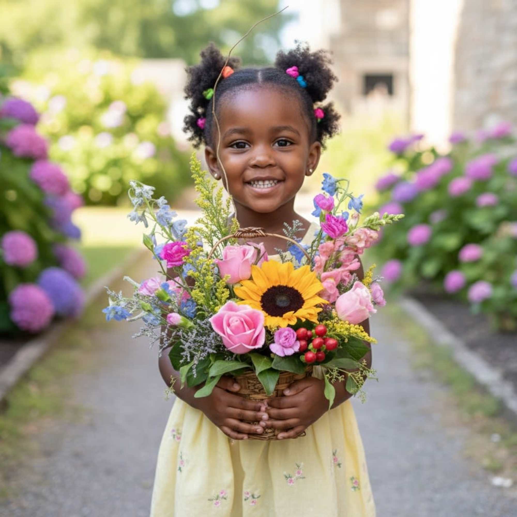 Smiling child holding a basket of mixed flowers outdoors