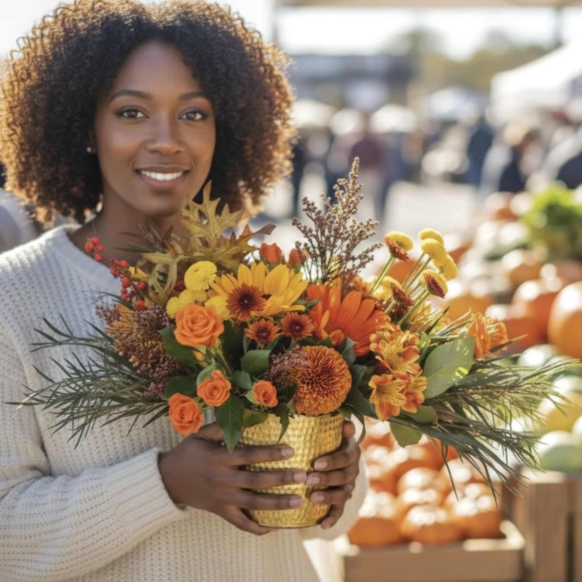 Woman holding an autumn bouquet in a woven basket