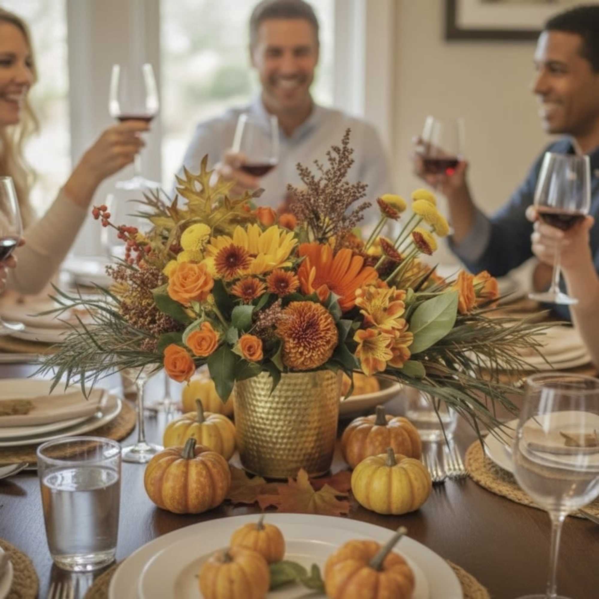 Autumn floral centerpiece with orange and yellow flowers in a gold vase