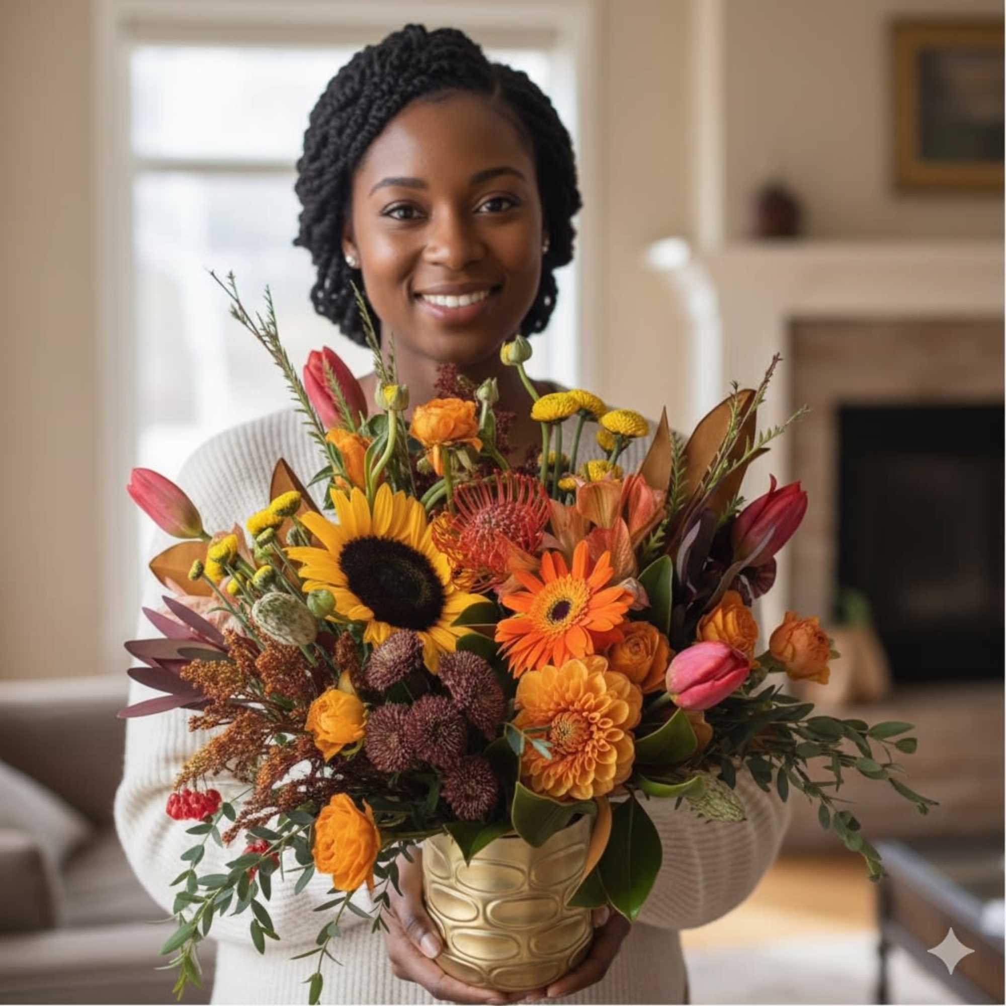 Woman holding a colorful mixed flower arrangement in a gold vase
