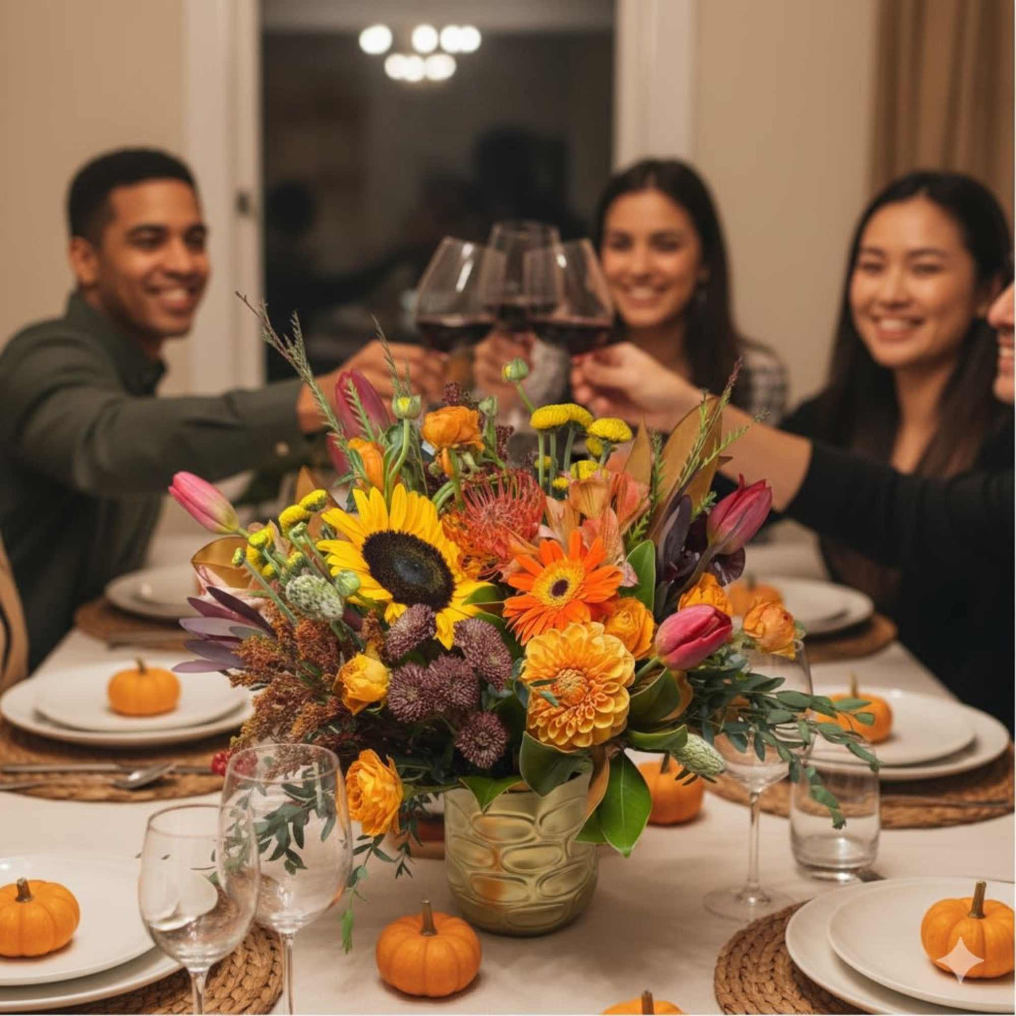 Autumn centerpiece with sunflowers, orange blooms, and small pumpkins on a dining table.