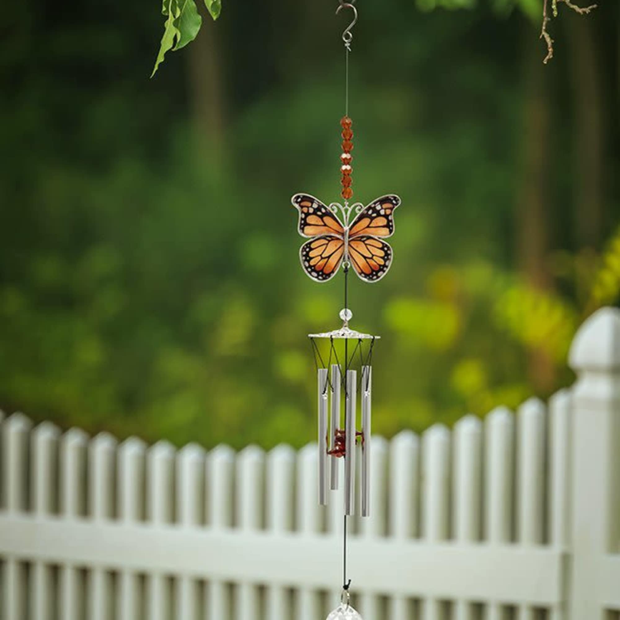 This metal Butterfly Suncatcher Chime includes a monarch butterfly top, with gently
