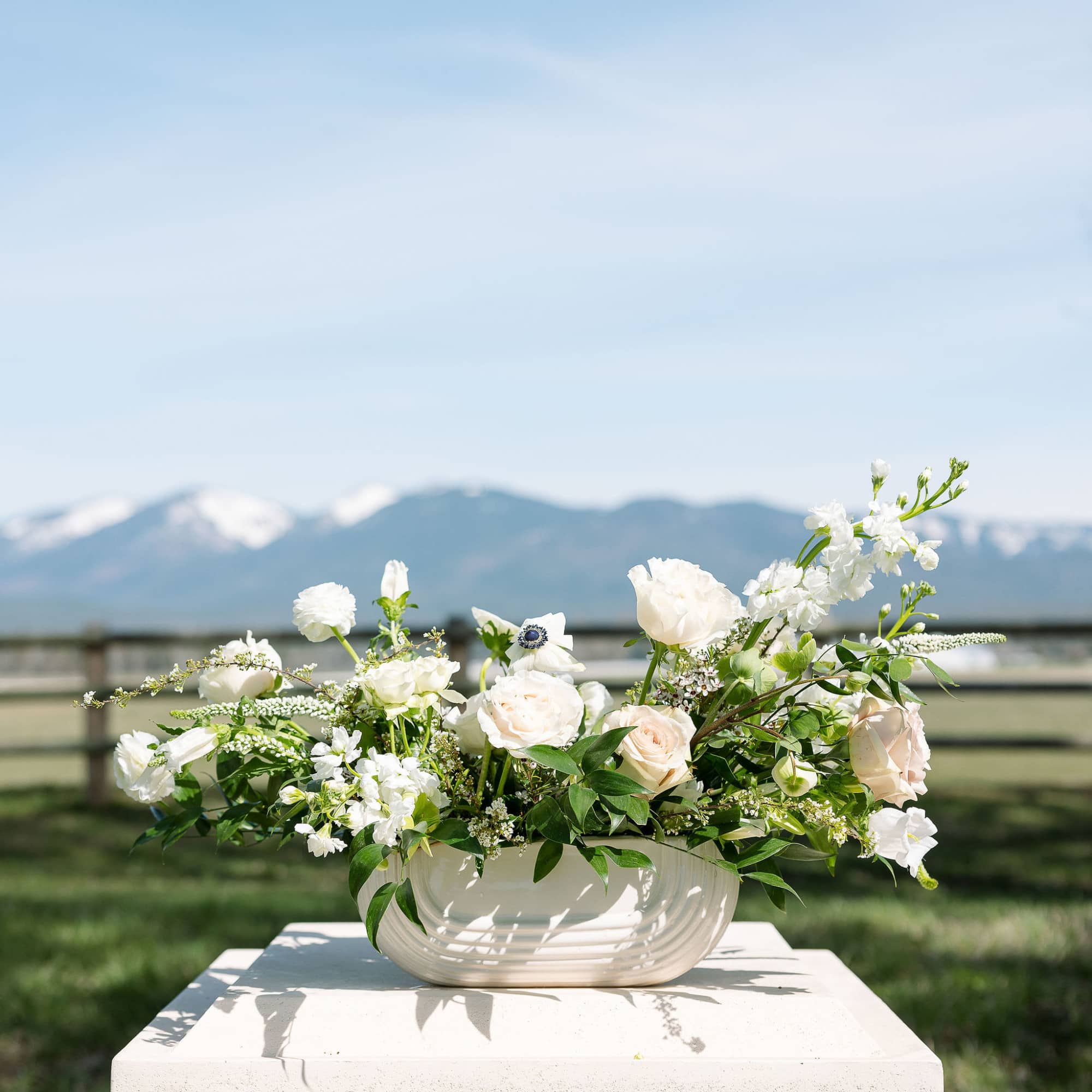 Low white and ivory flower arrangement in an oval ceramic bowl outdoors with mountains behind.