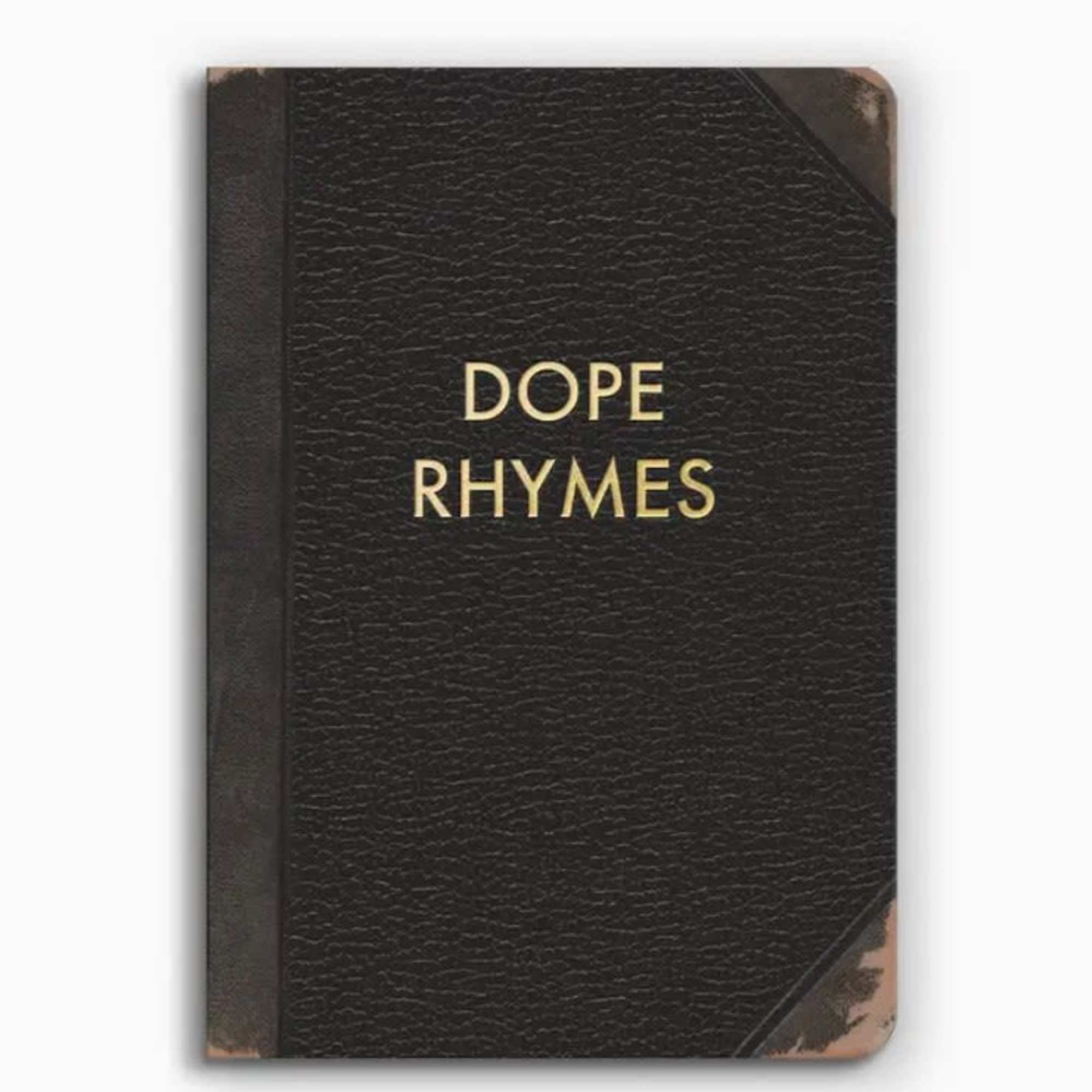 Black book with gold text reading Dope Rhymes