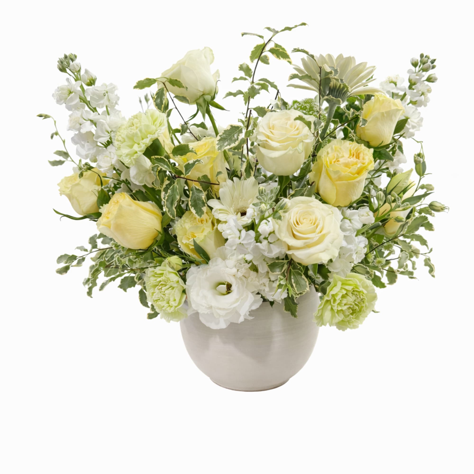 A soft and elegant arrangement includes soft yellow and white roses, 