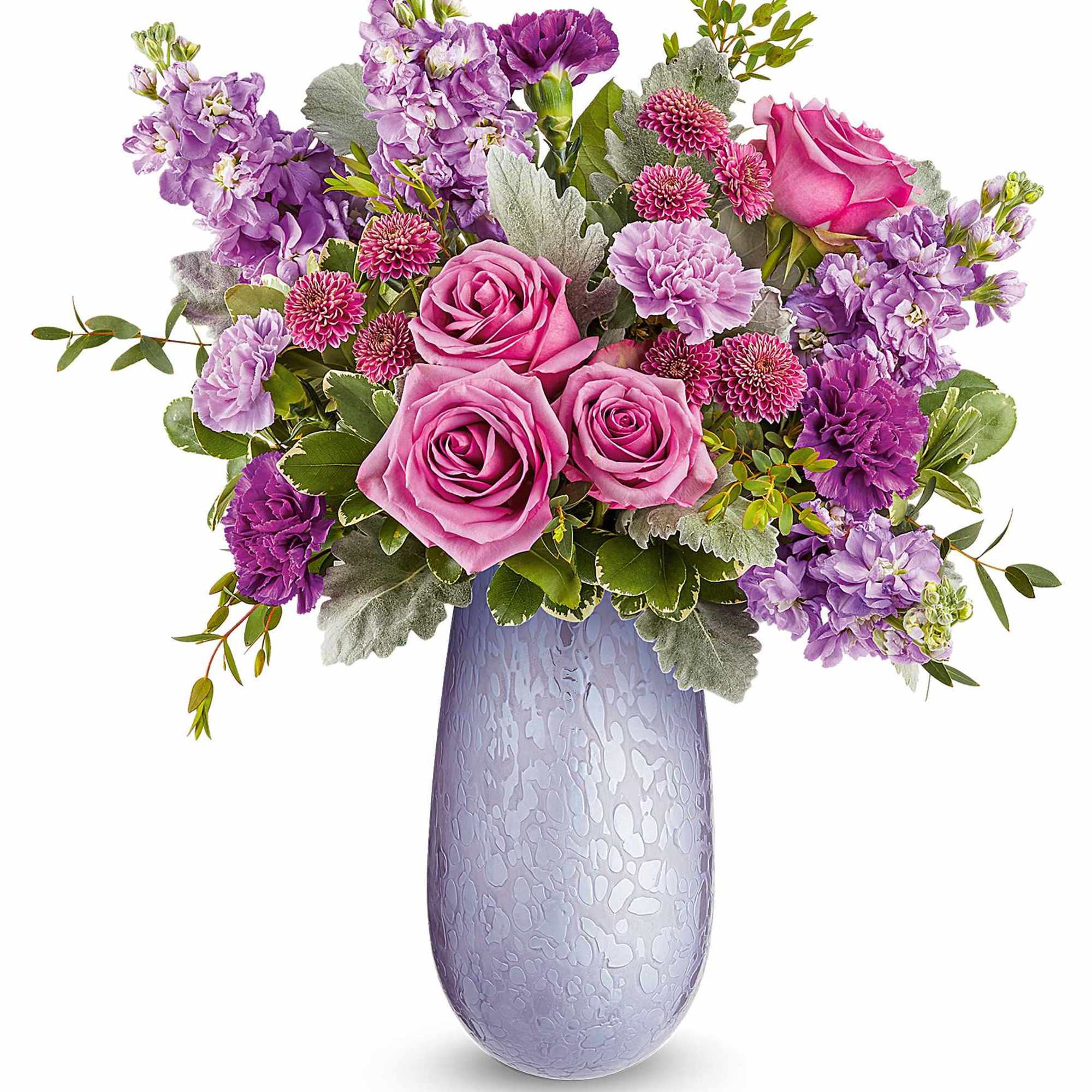 Pink and purple flower arrangement in a lavender vase