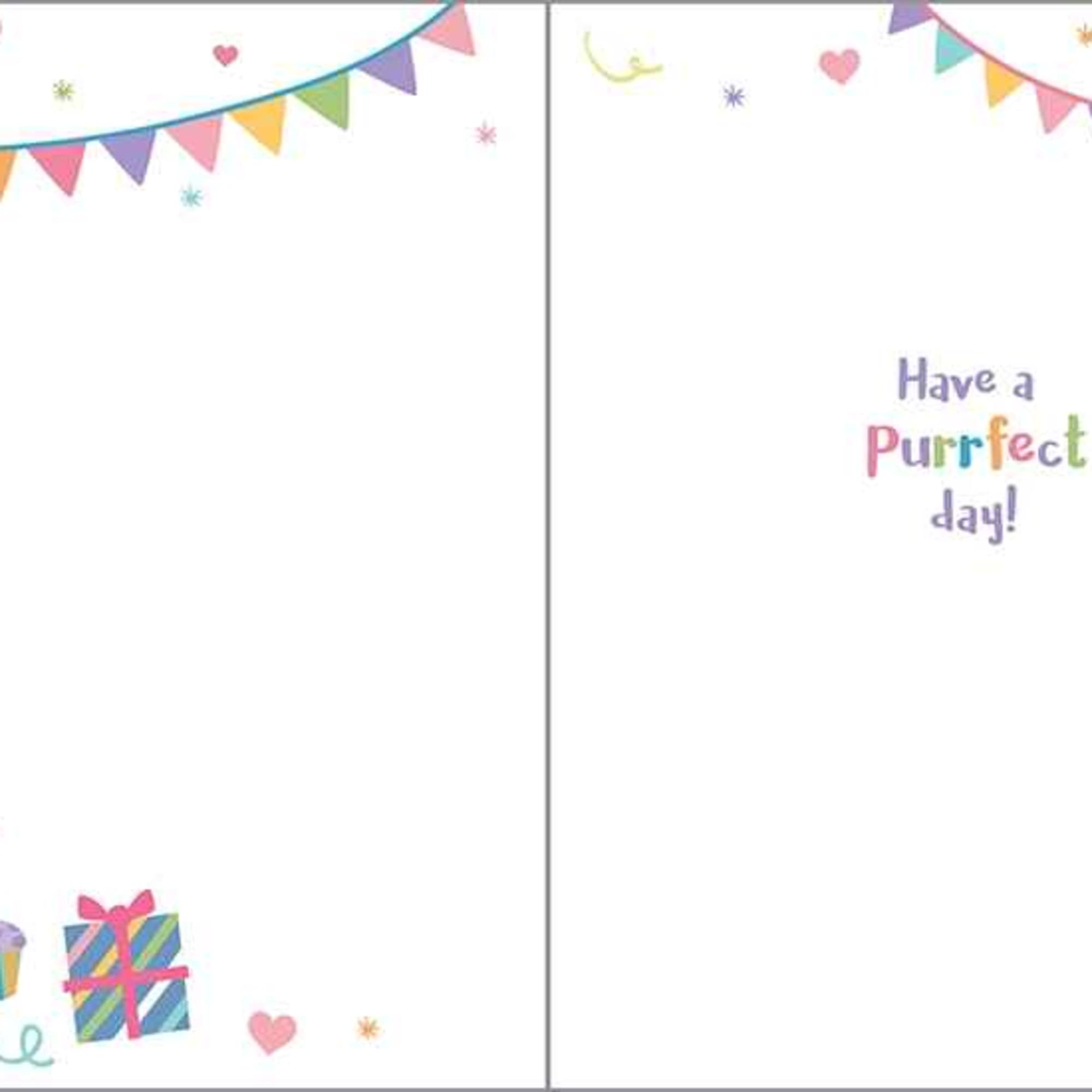 Greeting card with envelope reads:

Front: "Happy birthday wishes"
Inside: "Have a purrfect day!"

Gina