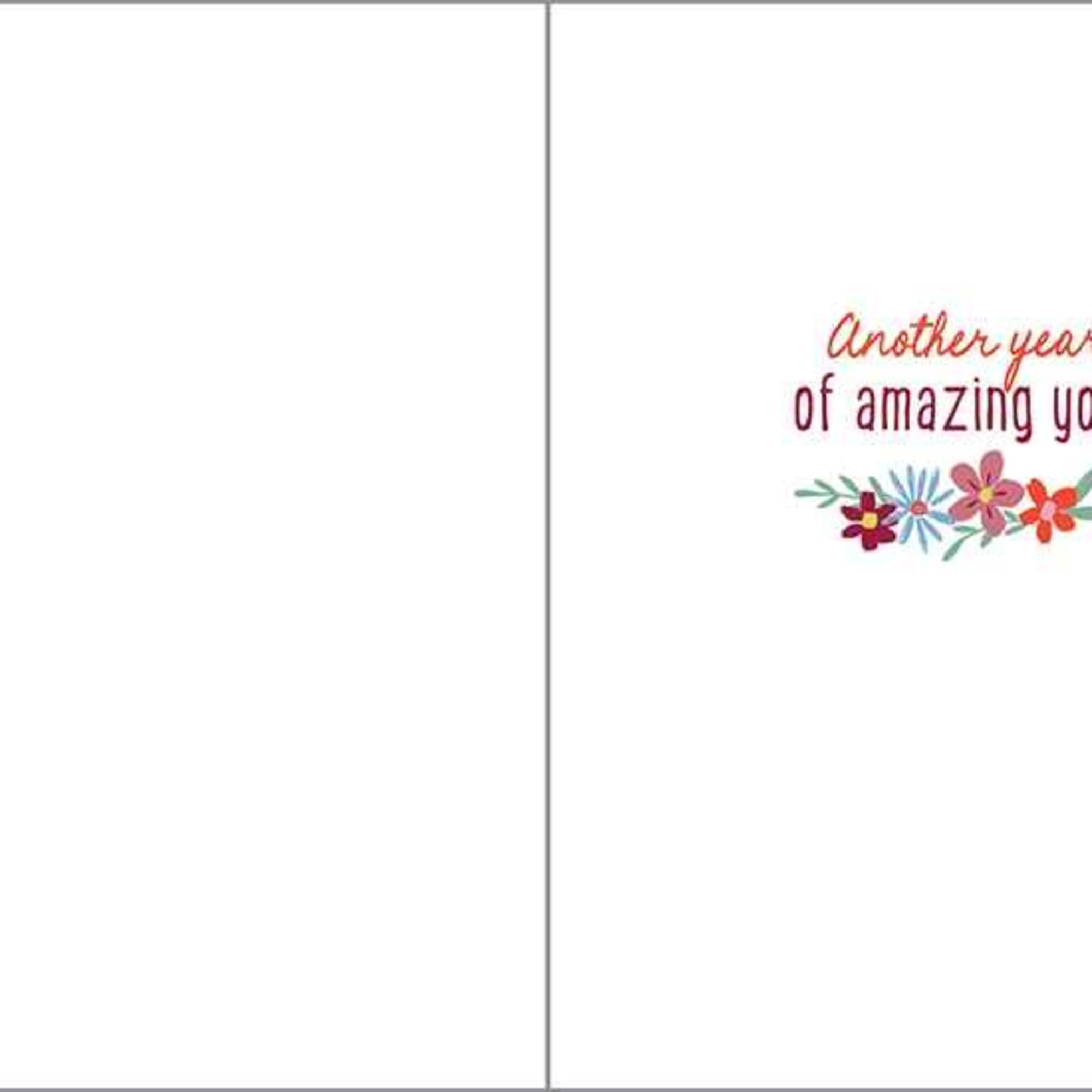 Greeting card with envelope reads:

Front: "Happy Birthday Friend"
Inside: "Another year of amazing