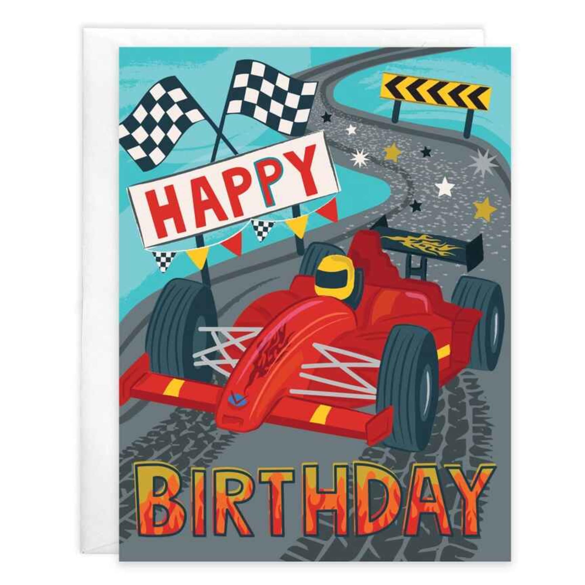 Greeting card with envelope reads:

Front: "Happy Birthday"
Inside: "Racing to wish you a