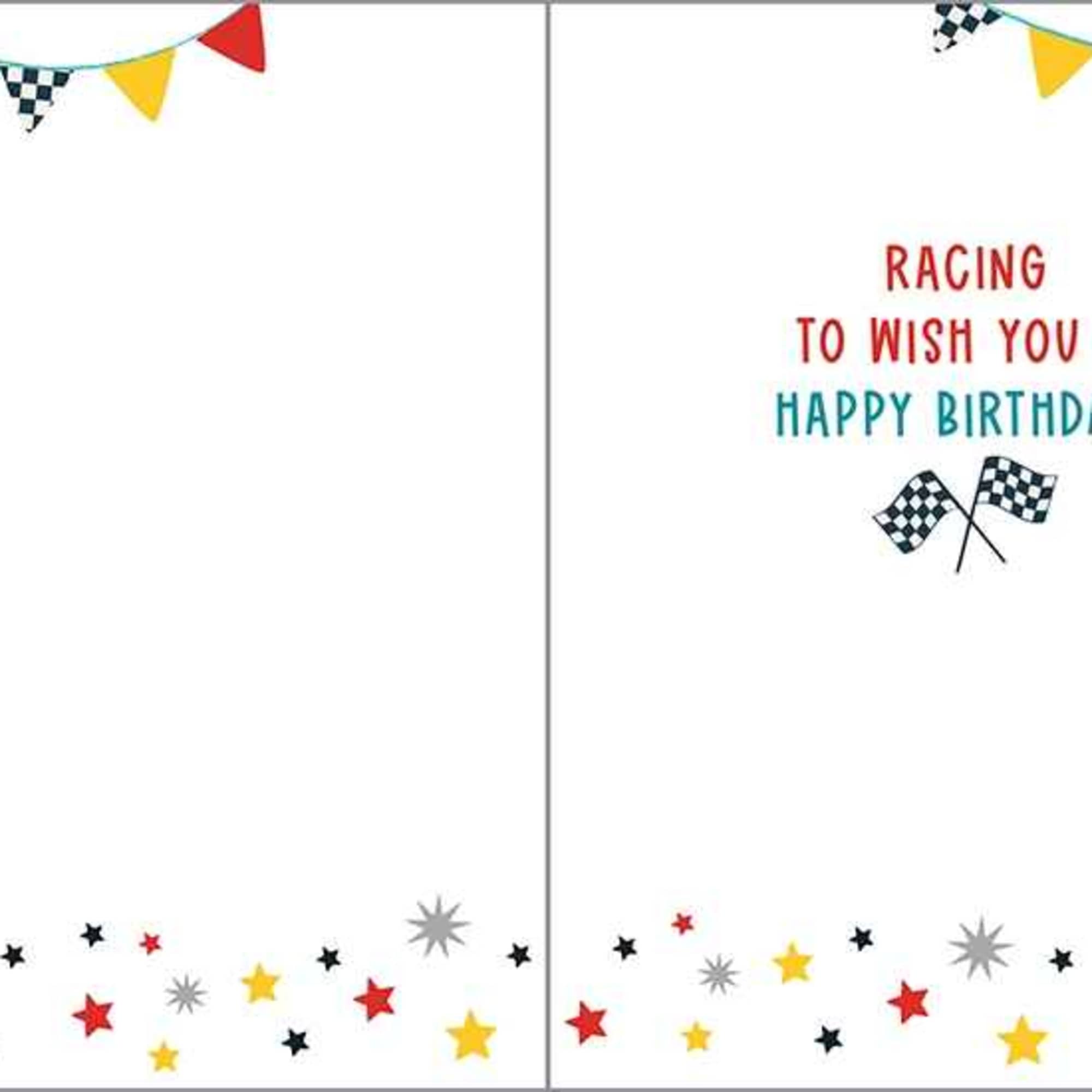 Greeting card with envelope reads:

Front: "Happy Birthday"
Inside: "Racing to wish you a