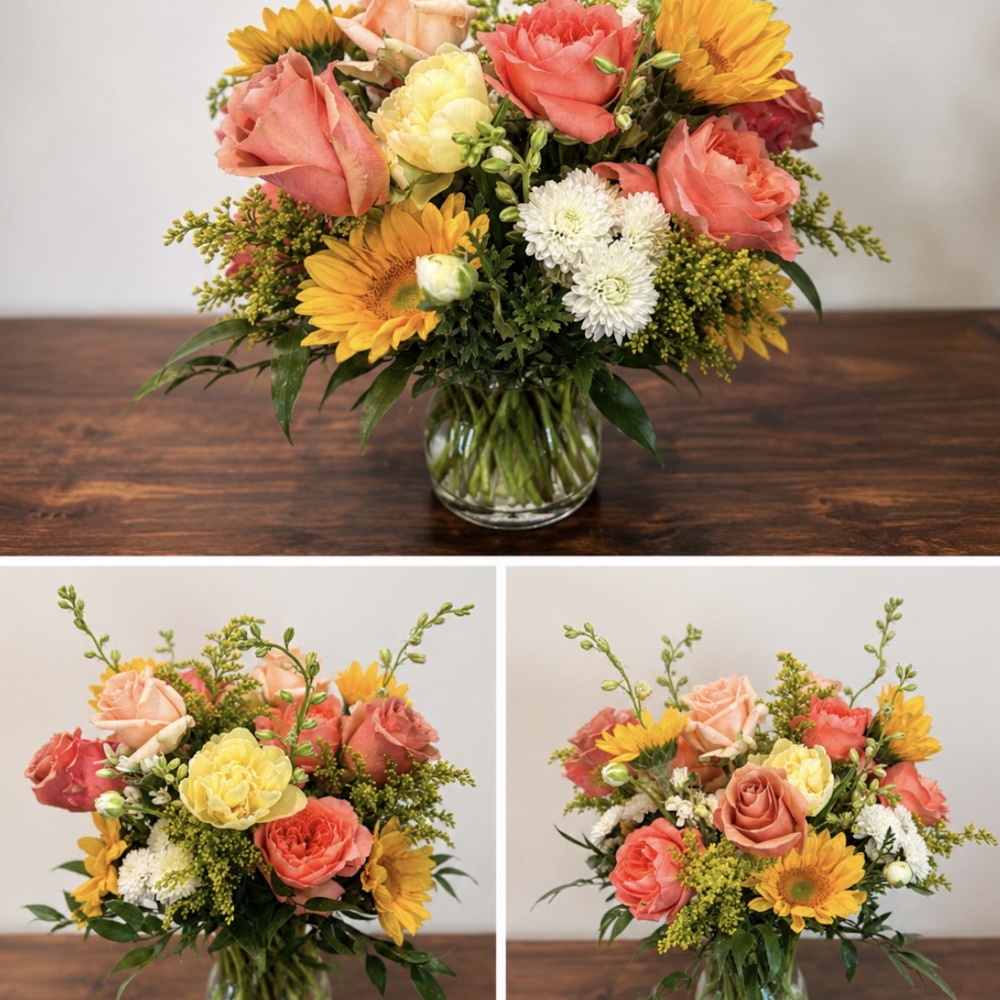 Peach and coral roses meet bold yellow sunflowers and seasonal stems in, photo 2 of 2