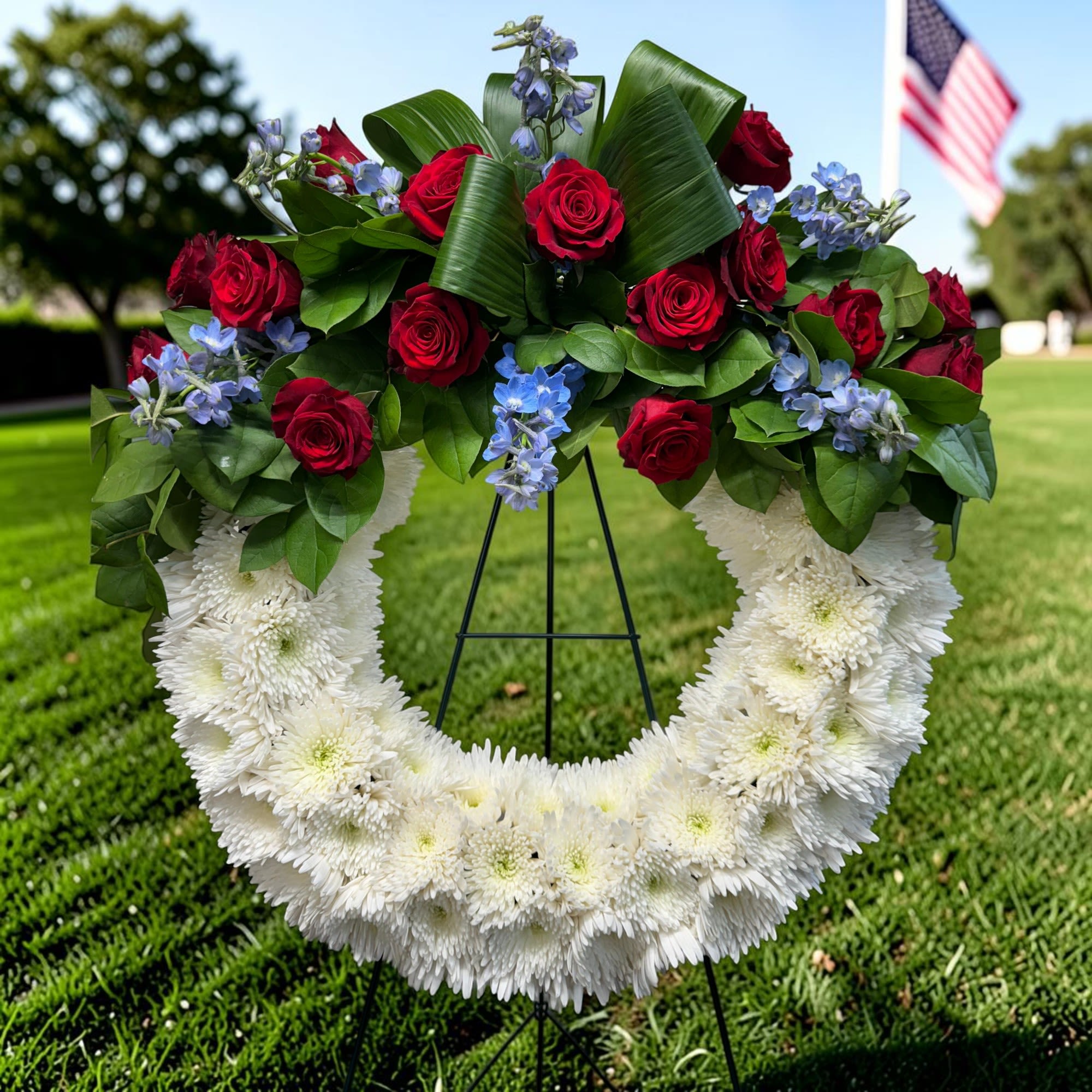 Honor a life of service and patriotism with this striking red, white