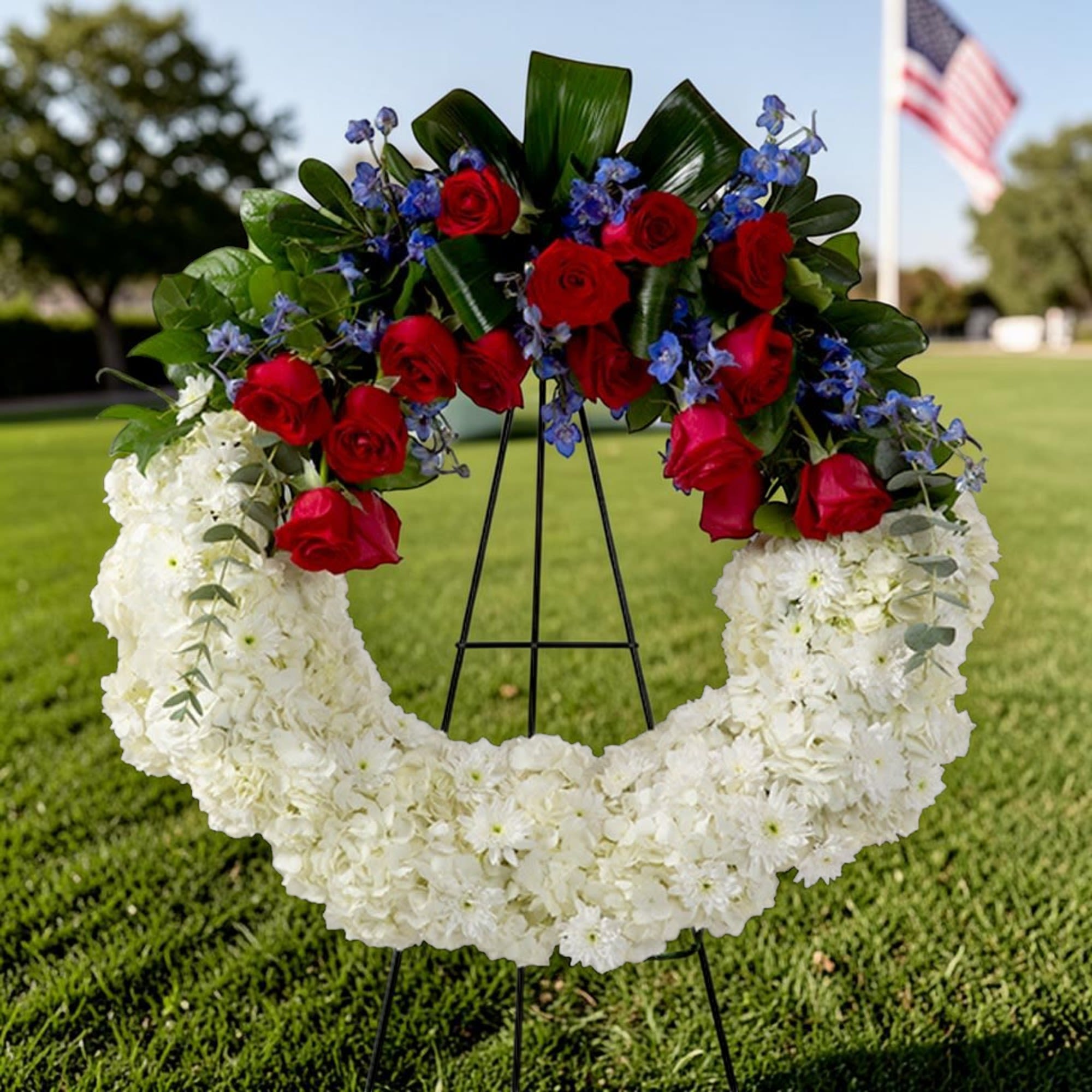 Honor a life of service and patriotism with this striking red, white