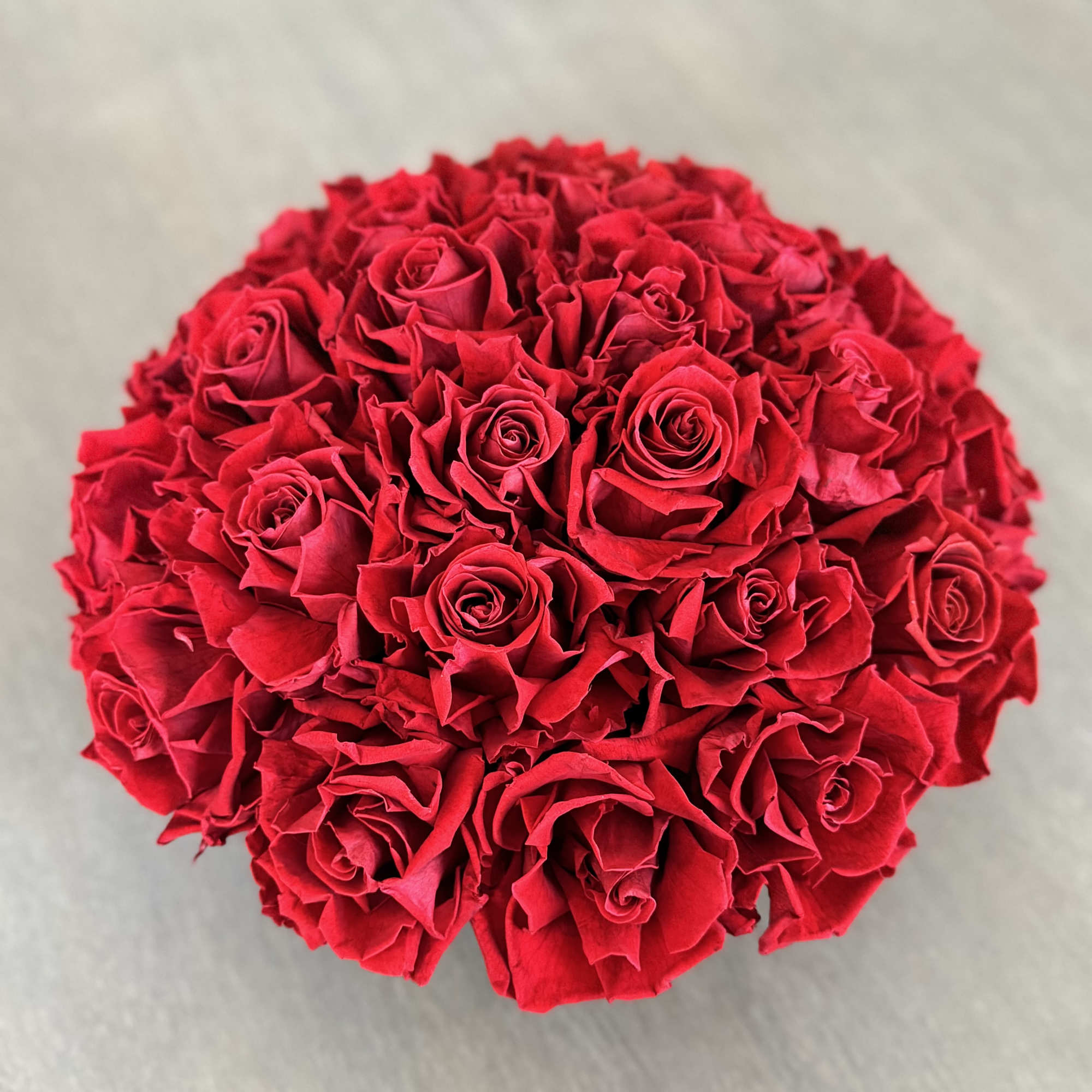 Round bouquet of red roses on a neutral background