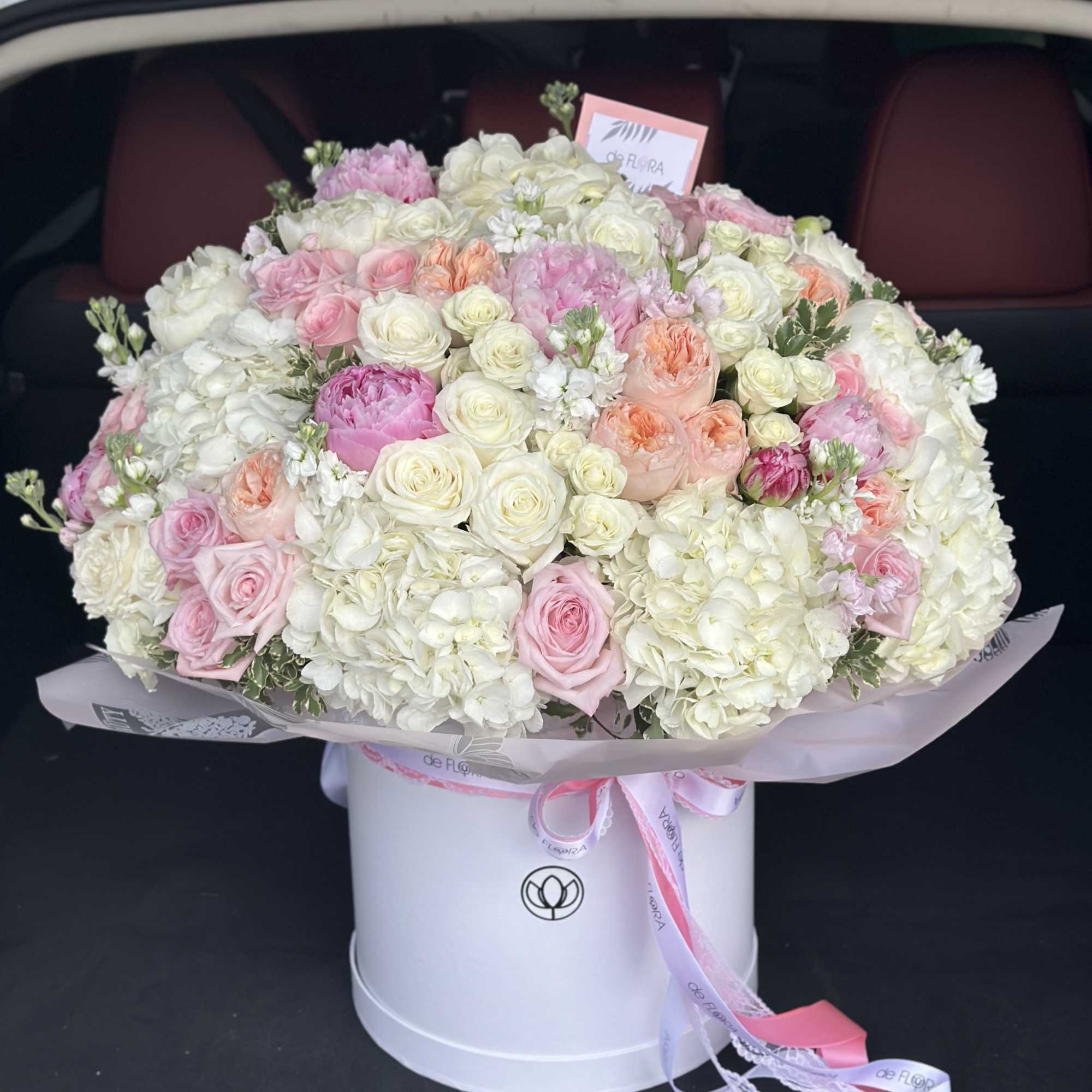 Large pastel bouquet of roses and hydrangeas in a white hat box