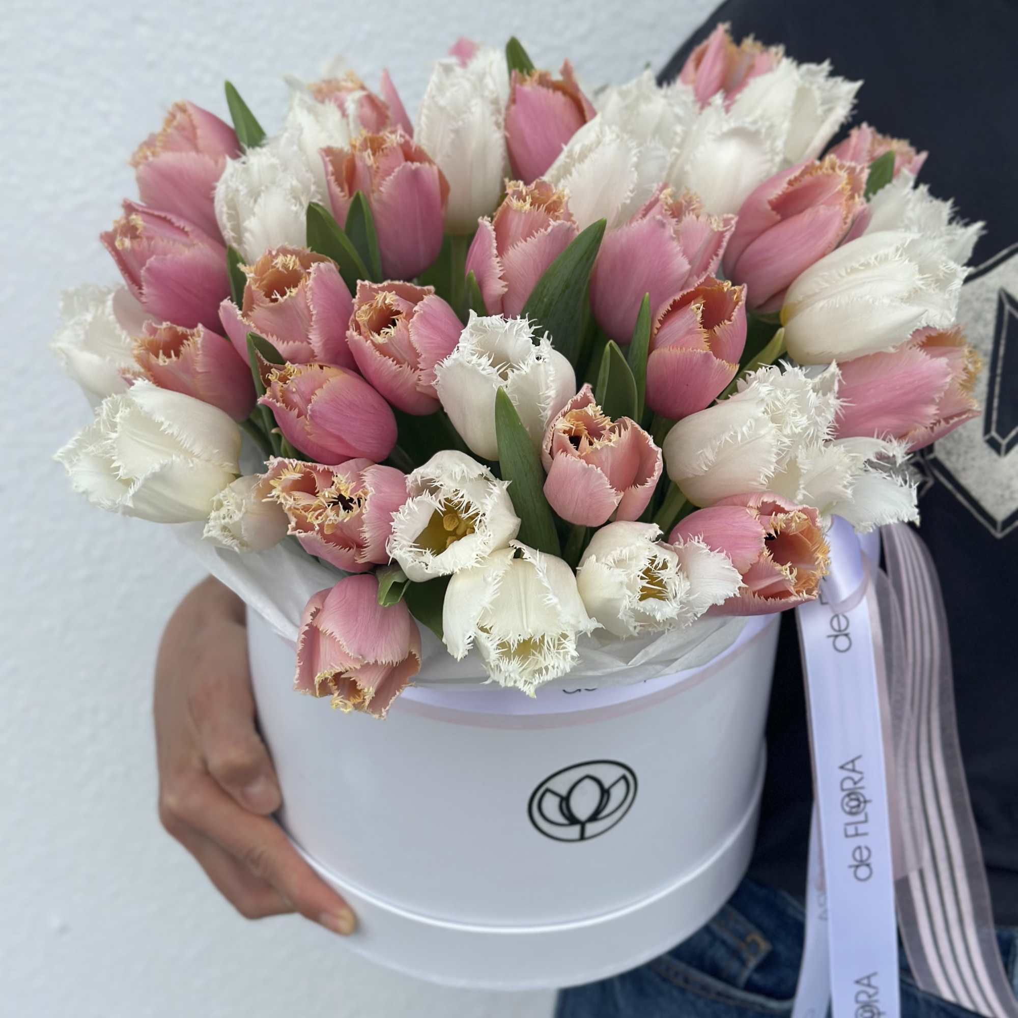 Pink and white fringed tulips in a white hatbox