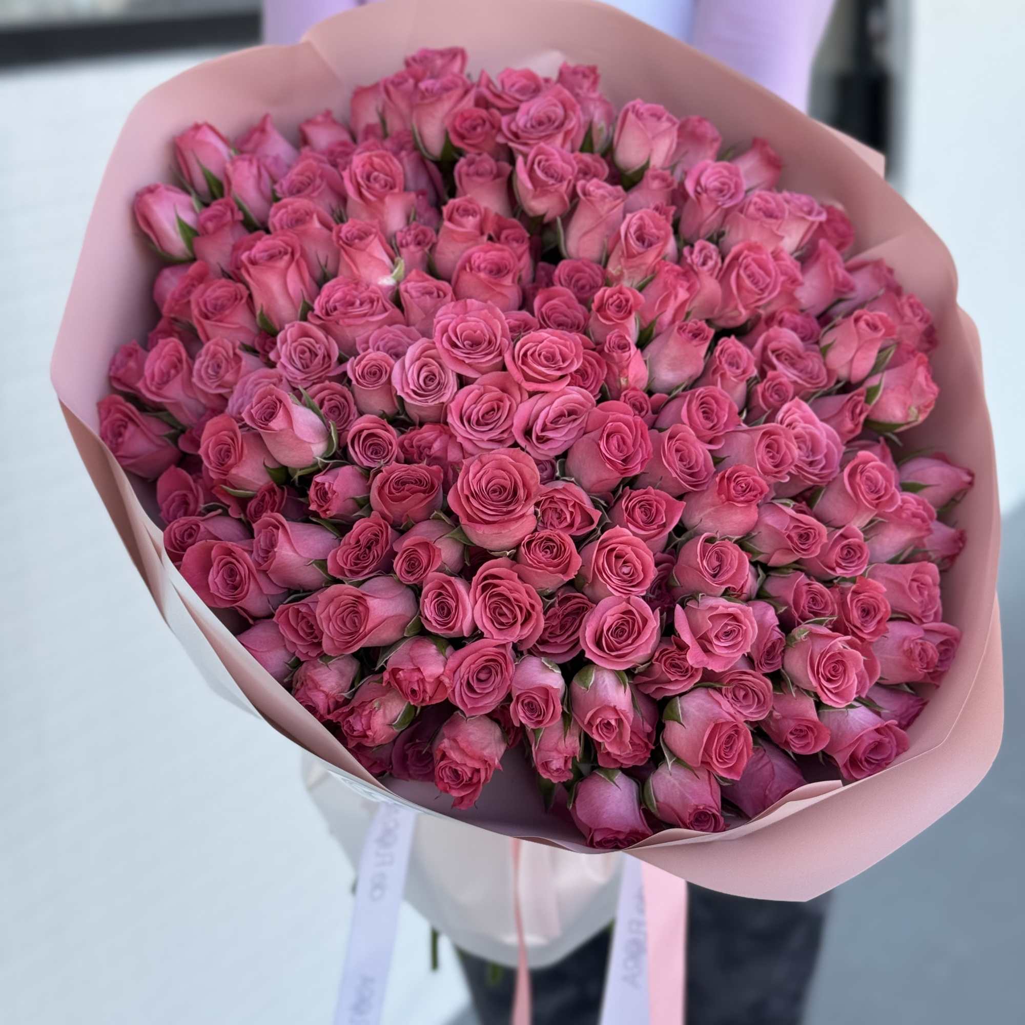 Large bouquet of pink roses wrapped in pale pink paper