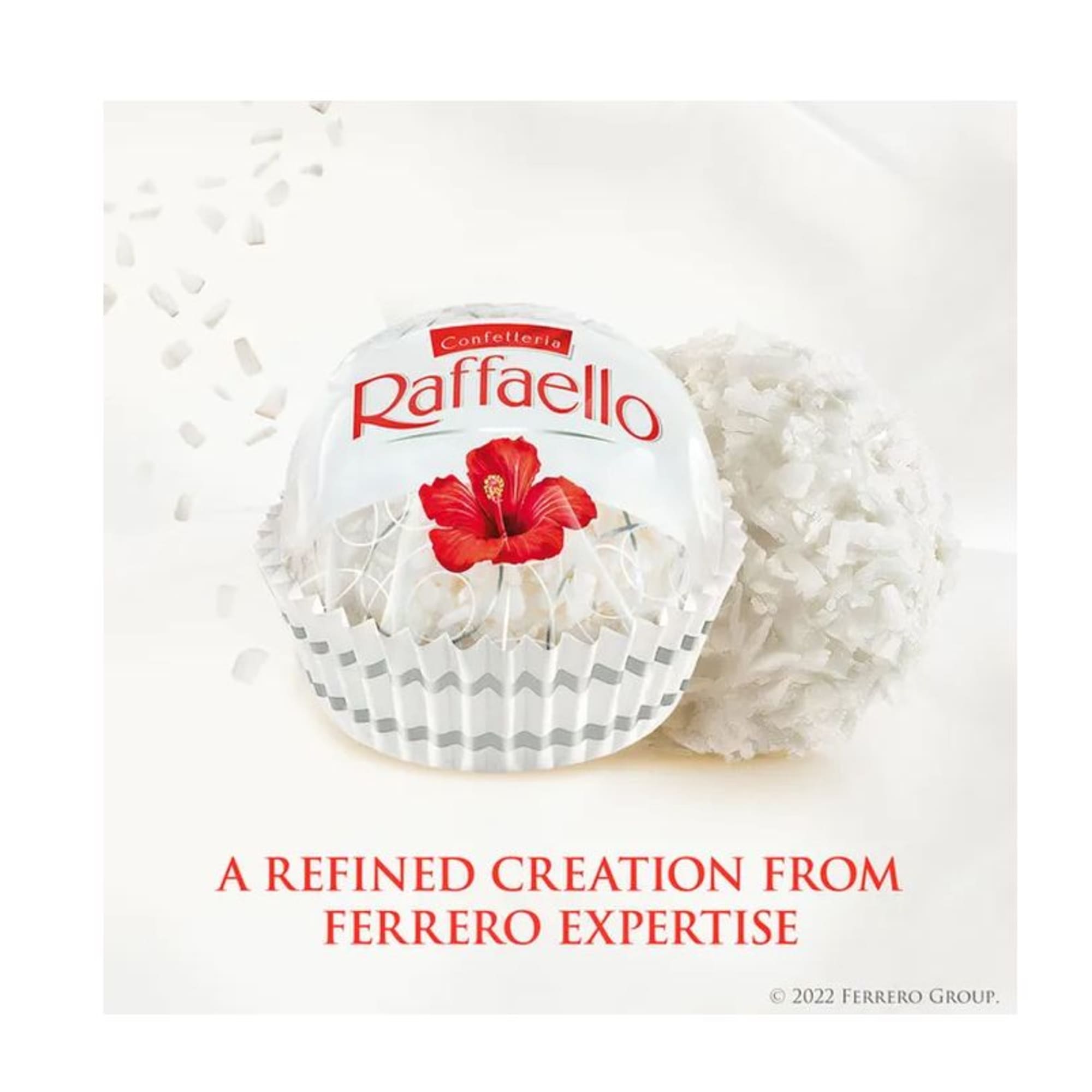 Raffaello coconut candy in white wrapper with a red flower graphic